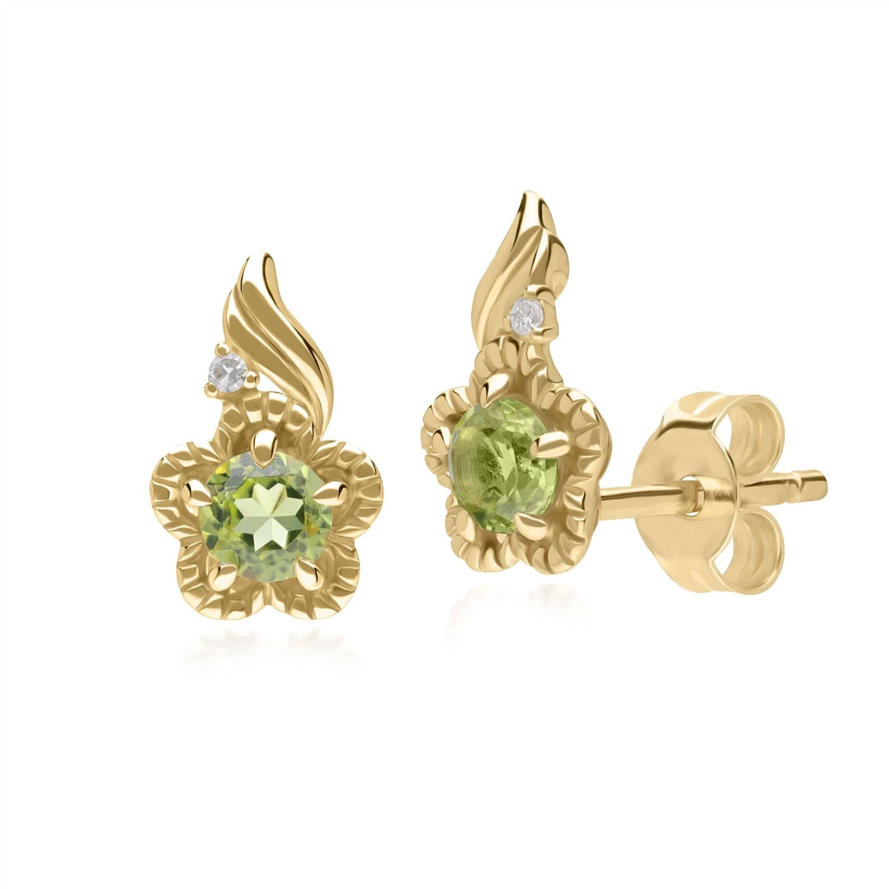 135E1813029 Floral Round Peridot & Diamond Stud Earrings in 9ct Yellow Gold 1