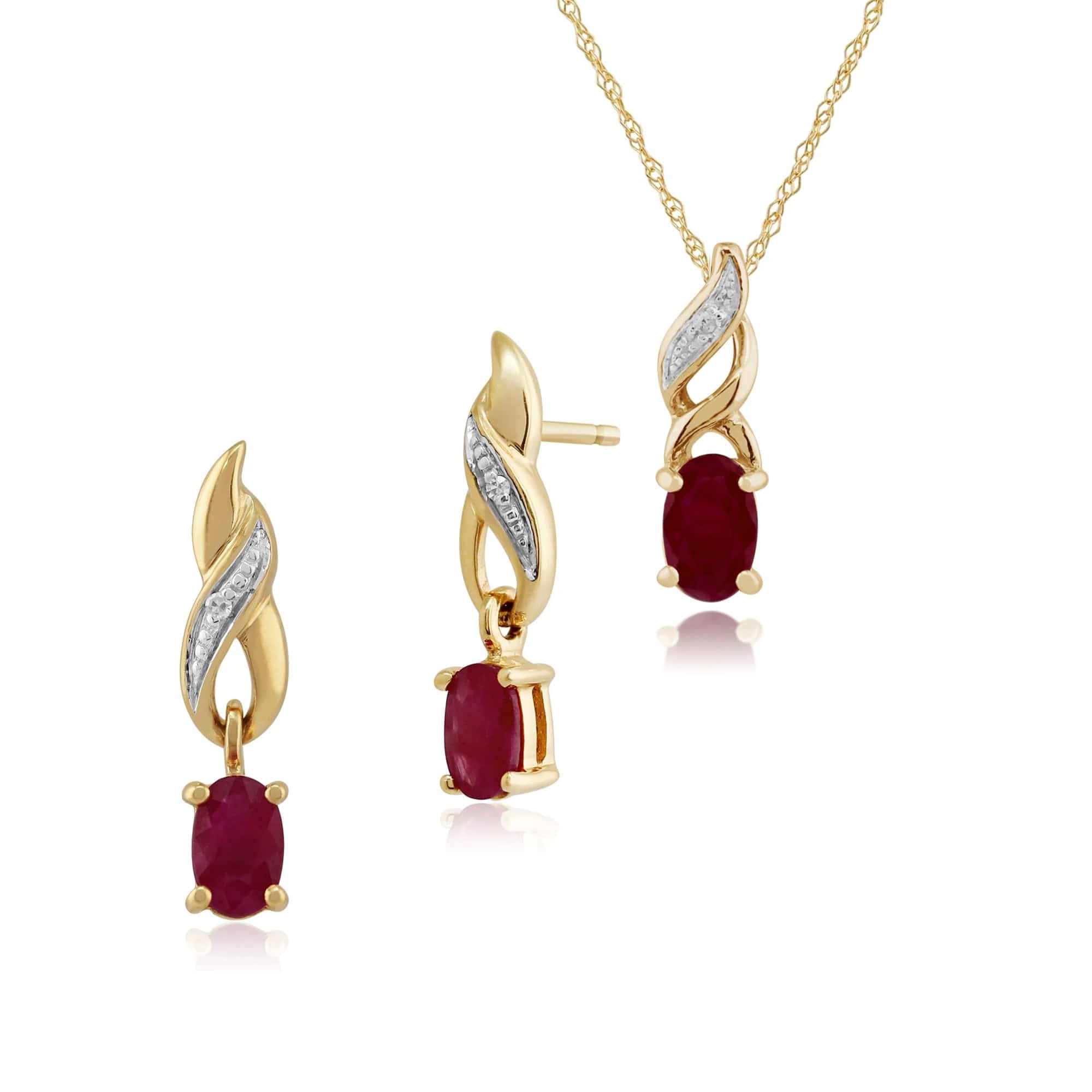 8731-135P1573039 Classic Oval Ruby & Diamond Twist Drop Earrings & Pendant Set in 9ct Yellow Gold 1