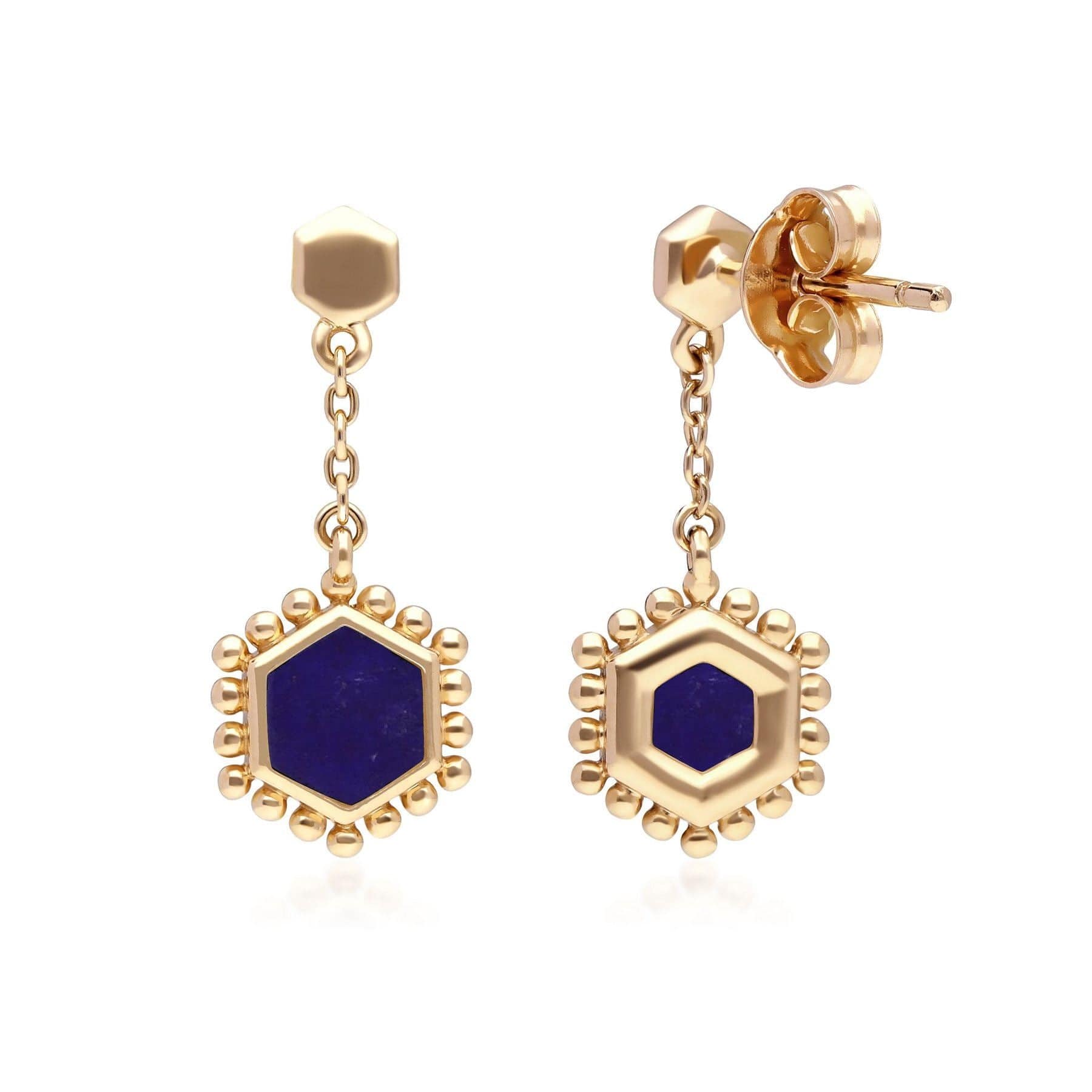 271E020801925 Lapis Lazuli Flat Slice Hex Drop Earrings in Gold Plated Sterling Silver 2