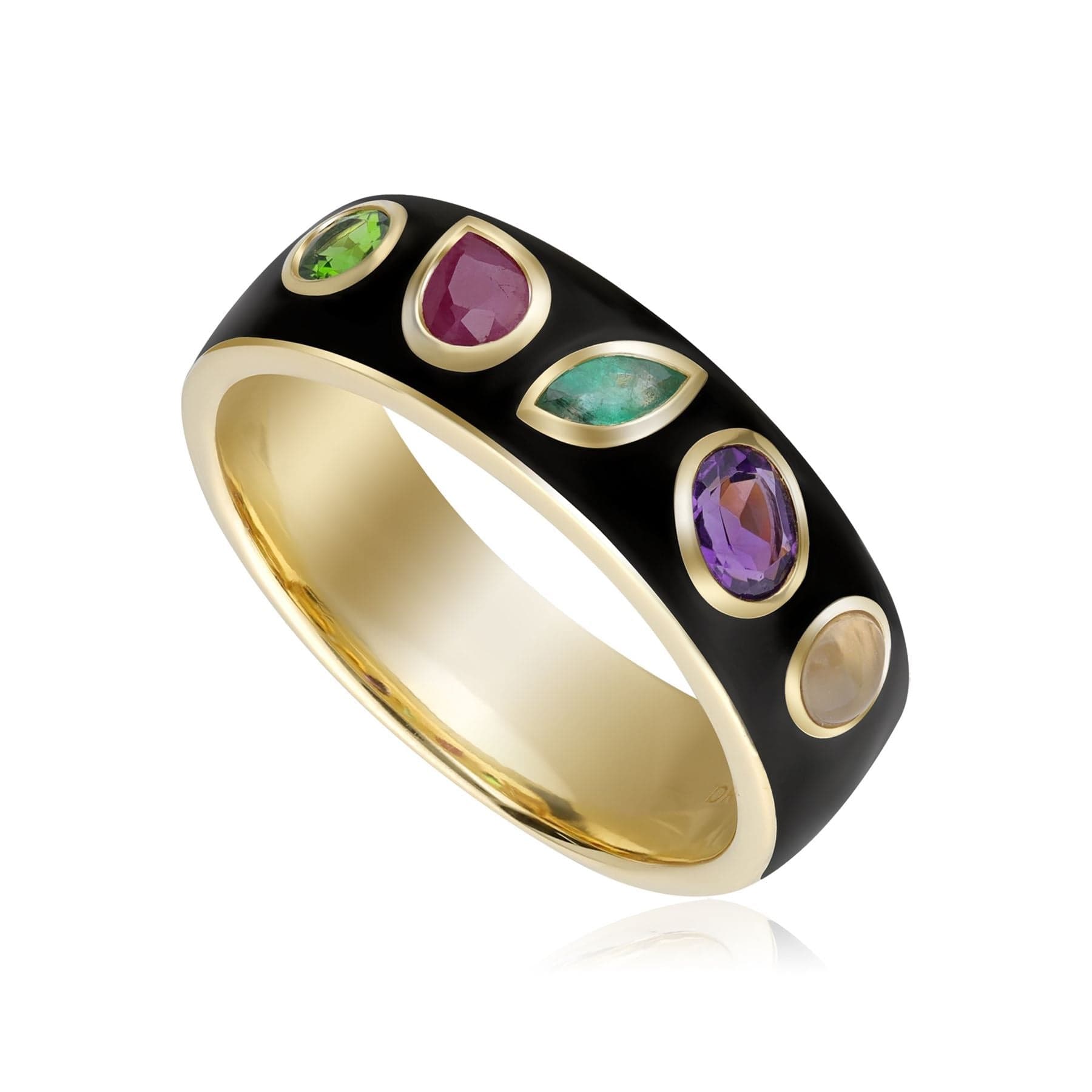 253R663901925 Coded Whispers Black Enamel 'Dream' Acrostic Gemstone Ring In Yellow Gold Plated Silver 1