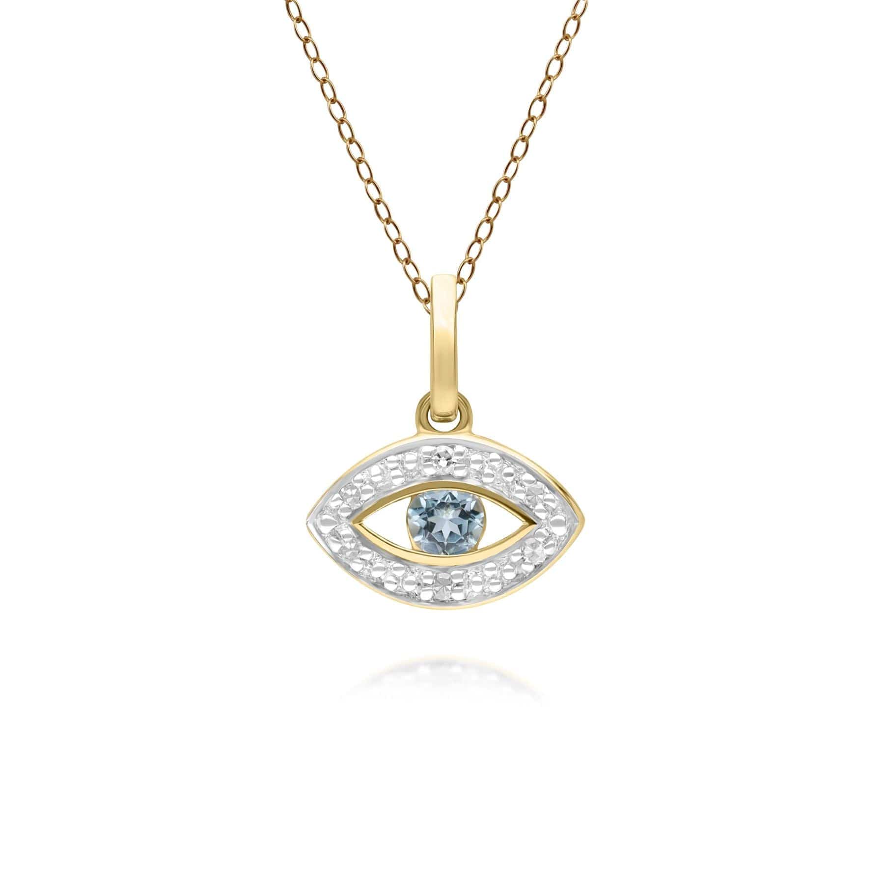 135P2101039 ECFEW™ Dainty Evil Eye Blue Topaz & Diamond Pendant in 9ct Yellow Gold Front