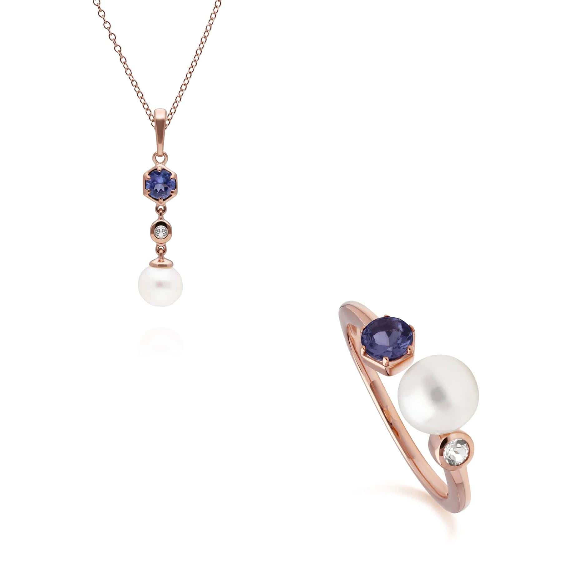 Modern Pearl, Tanzanite & Topaz Pendant & Ring Set in Rose Gold Plated Silver - Gemondo