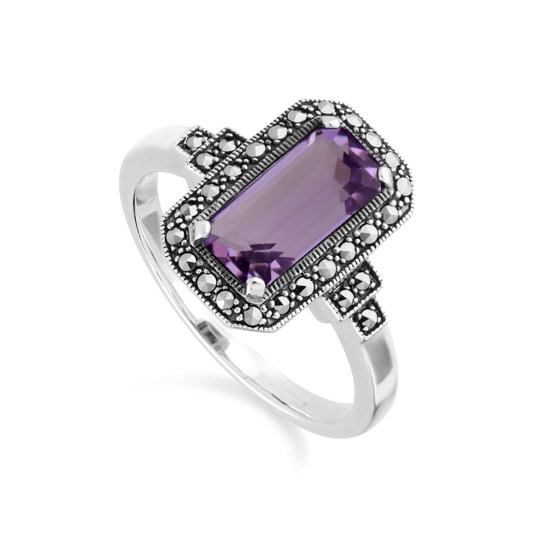 214R614703925 Art Deco Inspired Octagon Cut Amethyst & Marcasite Ring In Sterling Silver 1