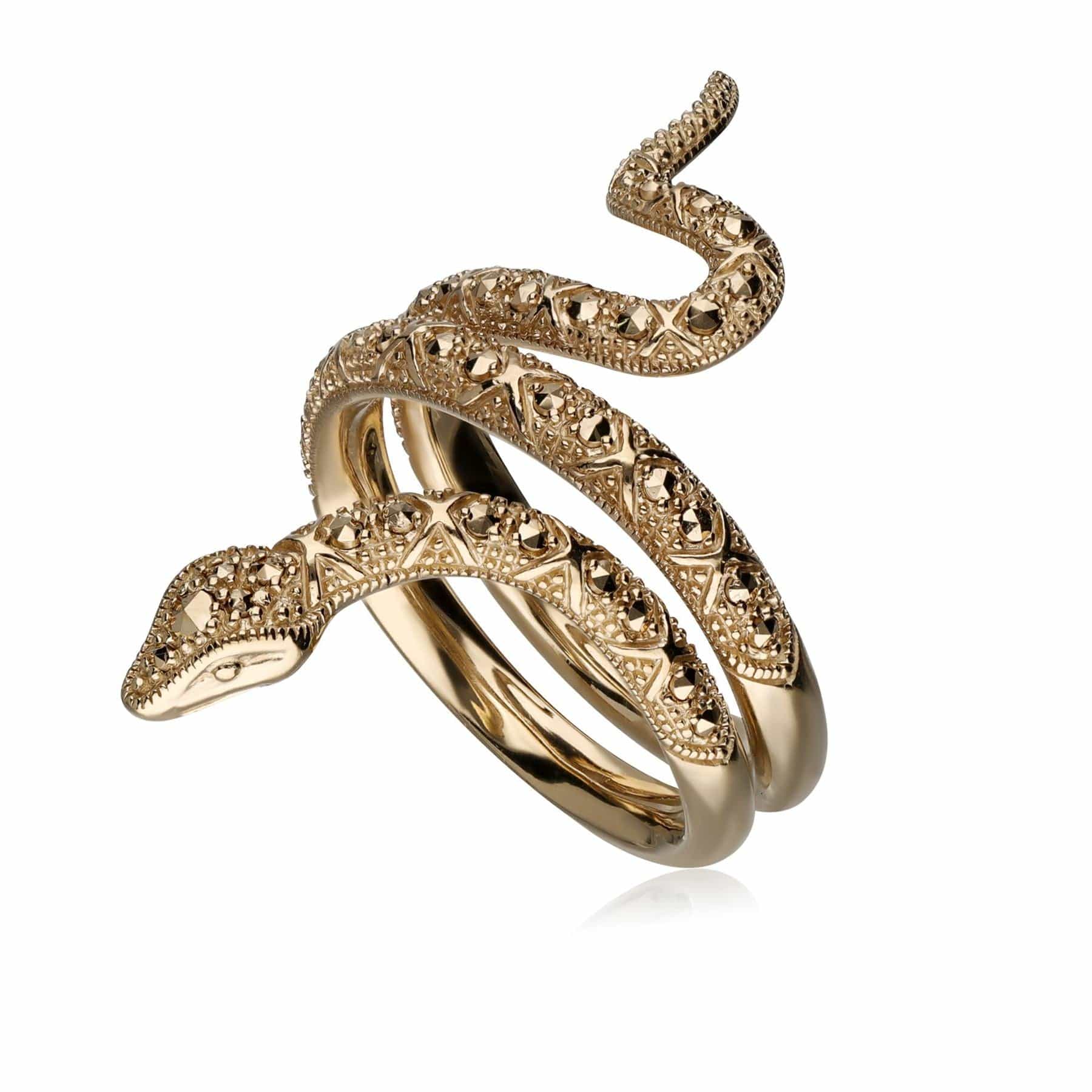 234R043301925 Art Nouveau Marcasite Snake Wrap Ring in 18ct Gold Plated Silver 4
