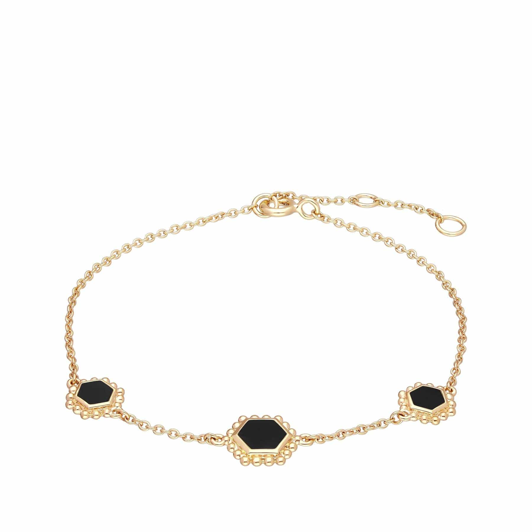 271L007803925 Black Onyx Flat Slice Chain Bracelet in Gold Plated Sterling Silver 1