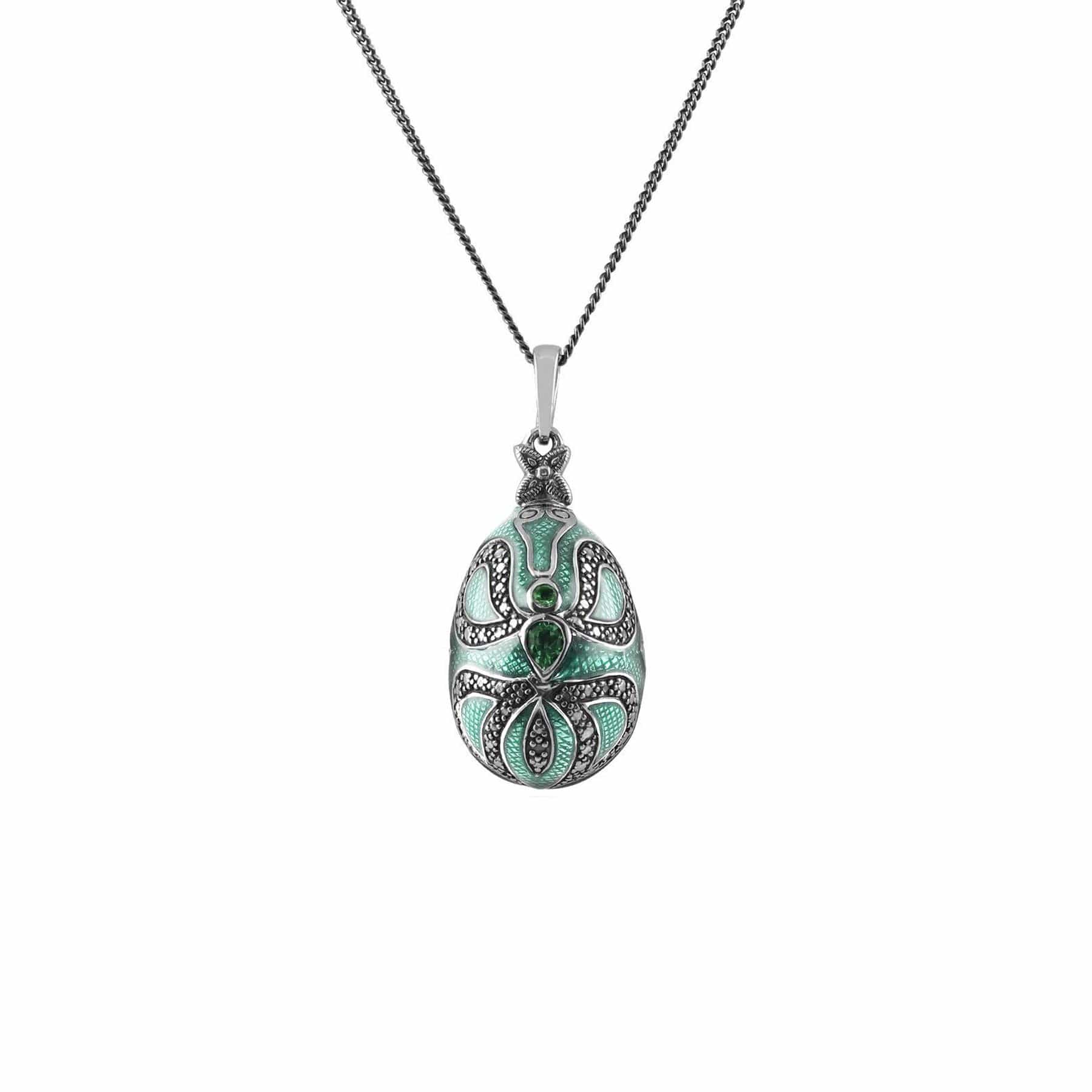 Chrome Diopside & Green Enamel Ornate Egg Necklace In Sterling Silver - Gemondo