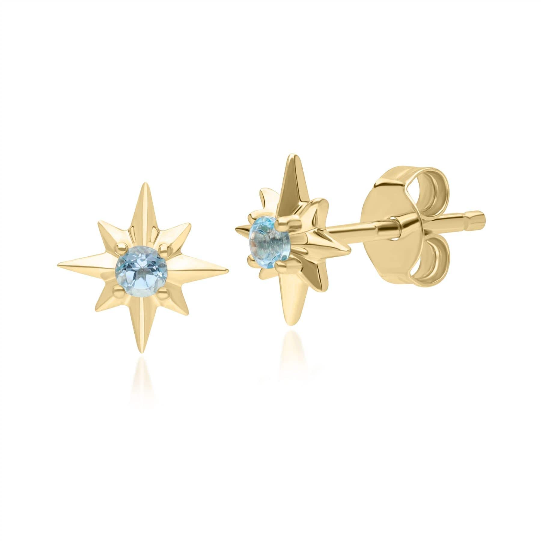 135E1821019 Night Sky Light Swiss Blue Topaz Cabochon Star Stud Earrings in 9ct Yellow Gold Front