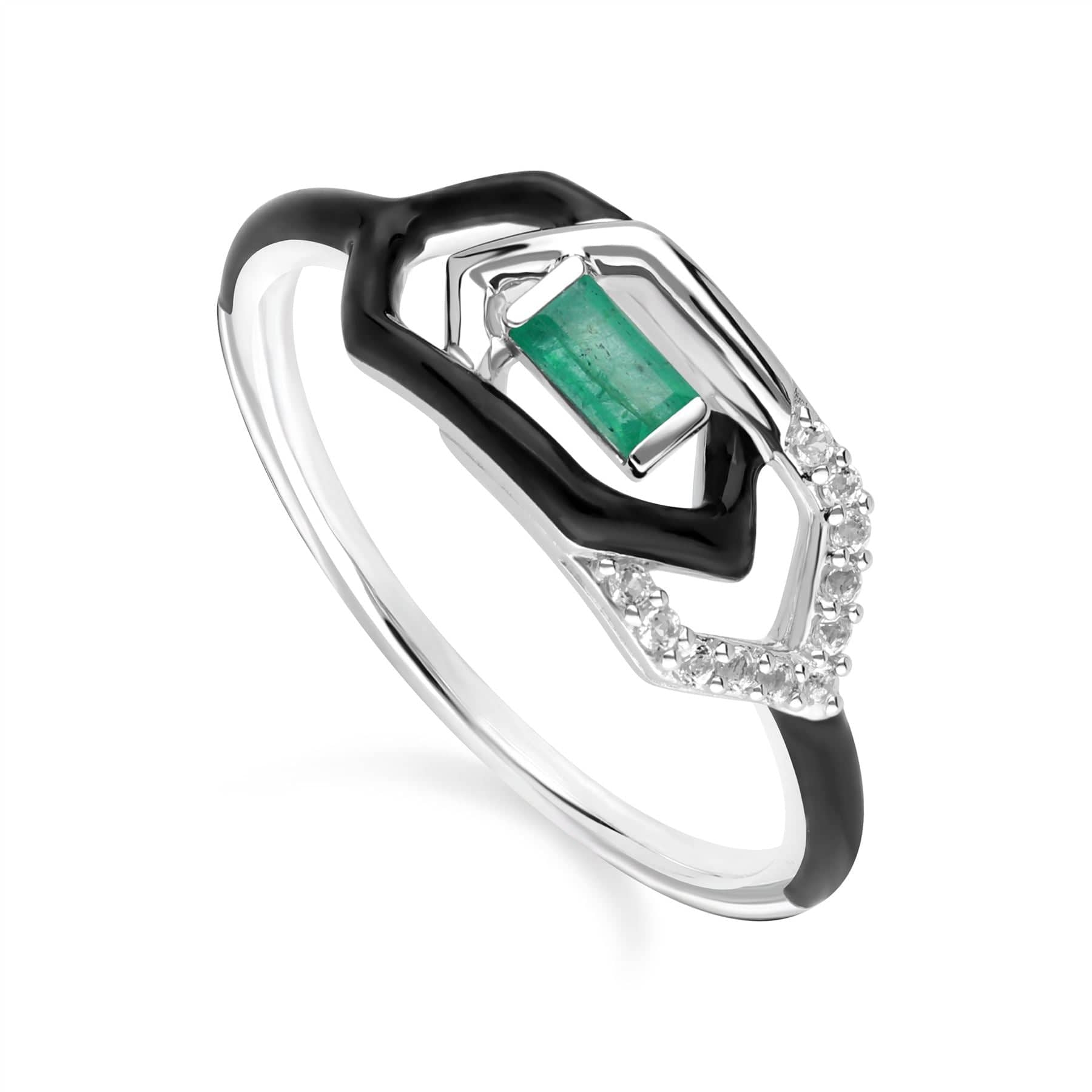 162R0415029 Grand Deco Enamel, White Topaz & Emerald Link Ring in 9ct White Gold 1