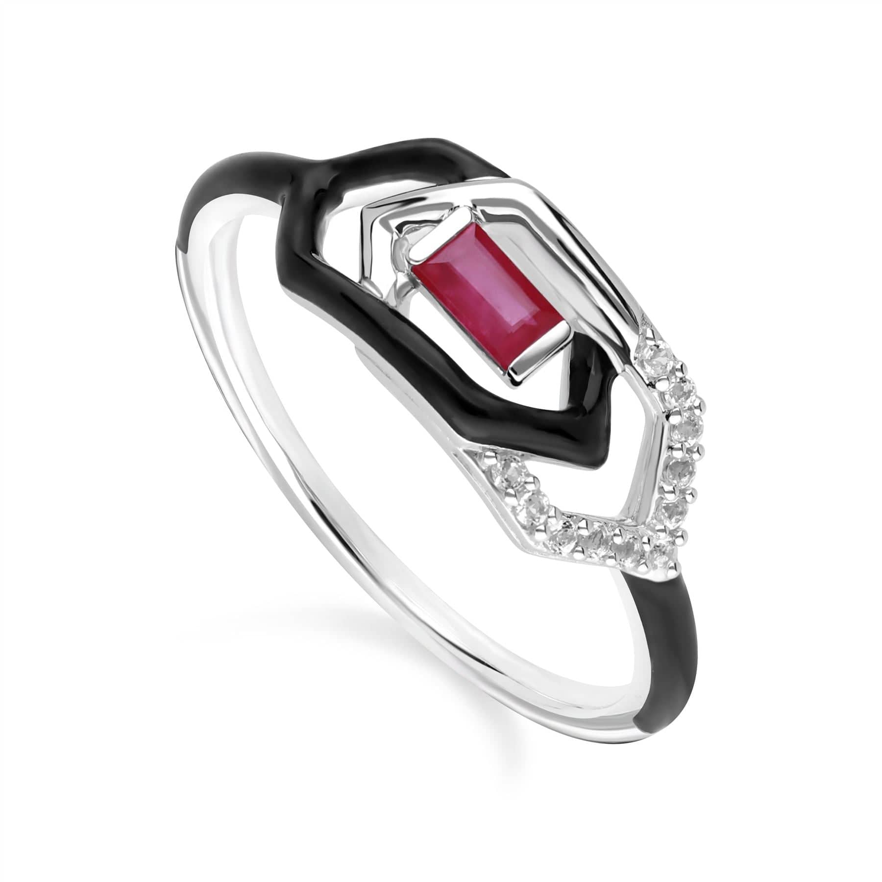 162R0415019 Grand Deco Enamel, White Topaz & Ruby Link Ring in 9ct White Gold 1