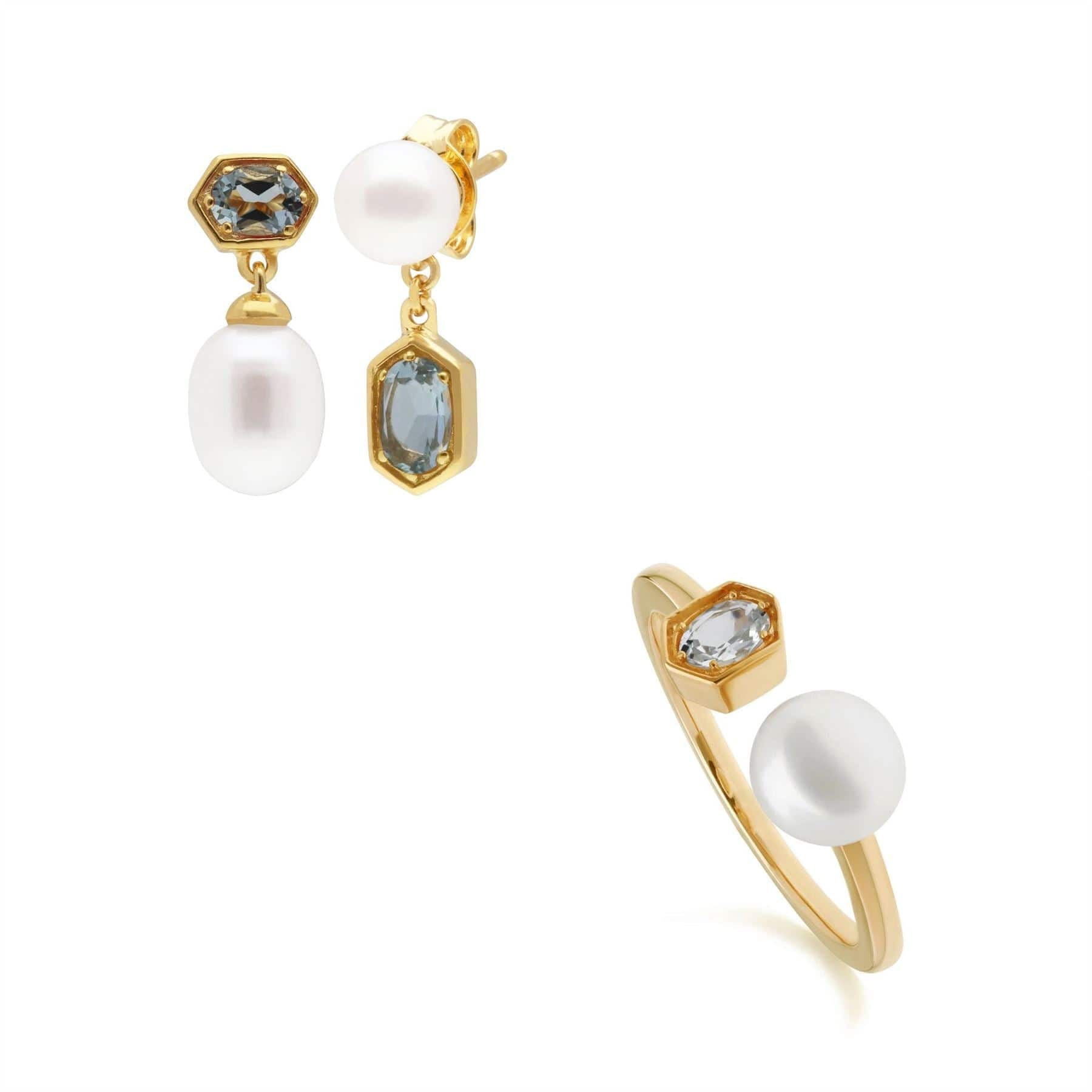 270E030204925-270R058705925 Modern Pearl & Aquamarine Earring & Ring Set in Gold Plated Silver 1