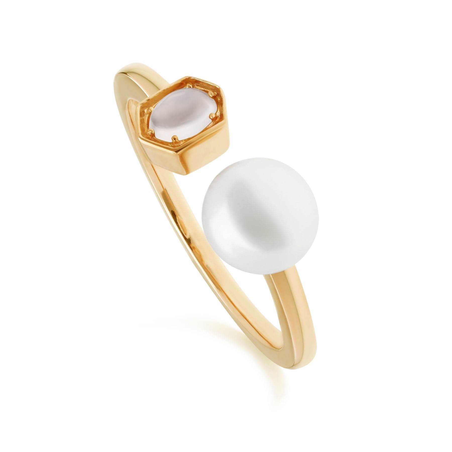 270R059002925 Modern Pearl & Moonstone Open Ring in Gold Plated Silver 1