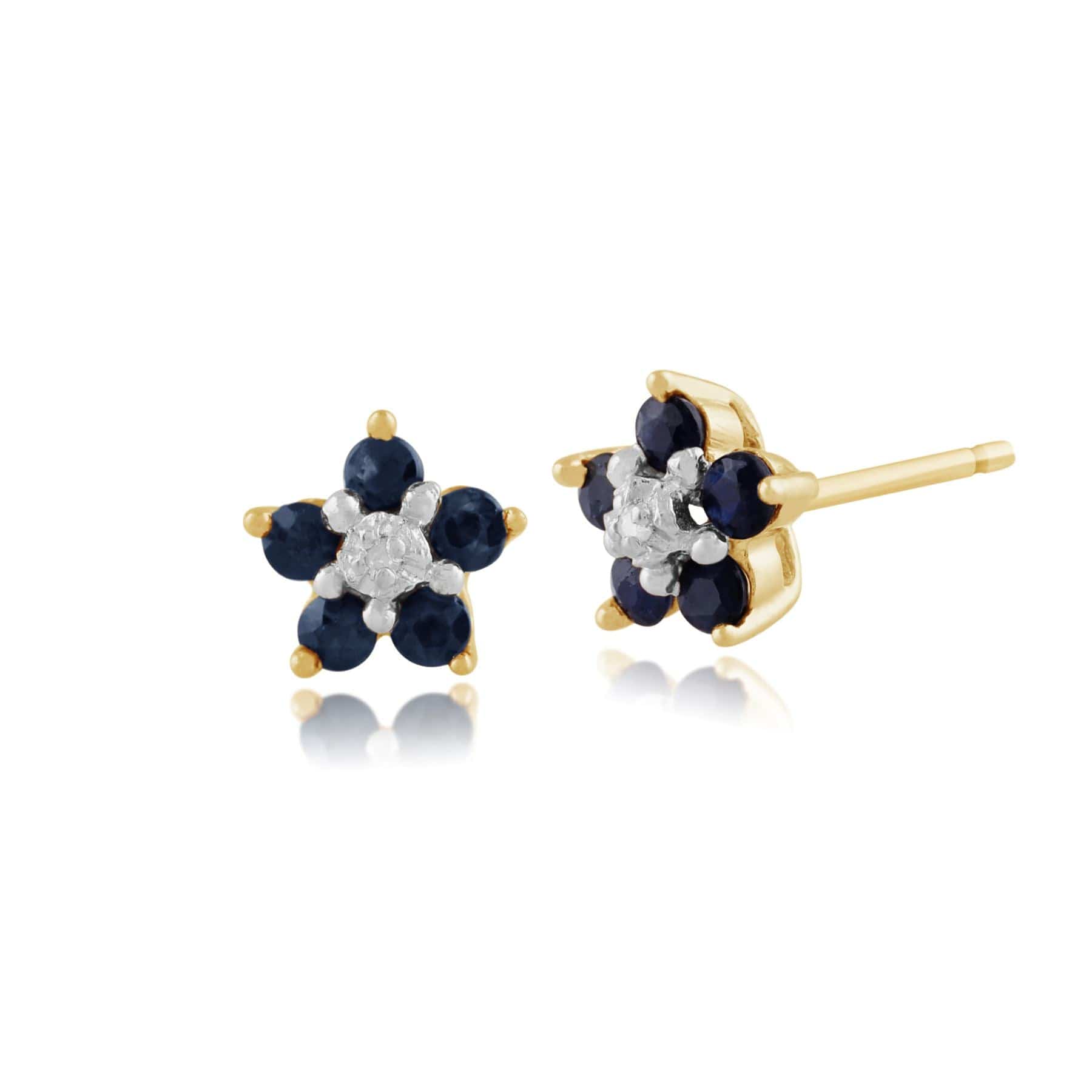 10115 Floral Round Sapphire & Diamond Cluster Stud Earrings in 9ct Yellow Gold 1