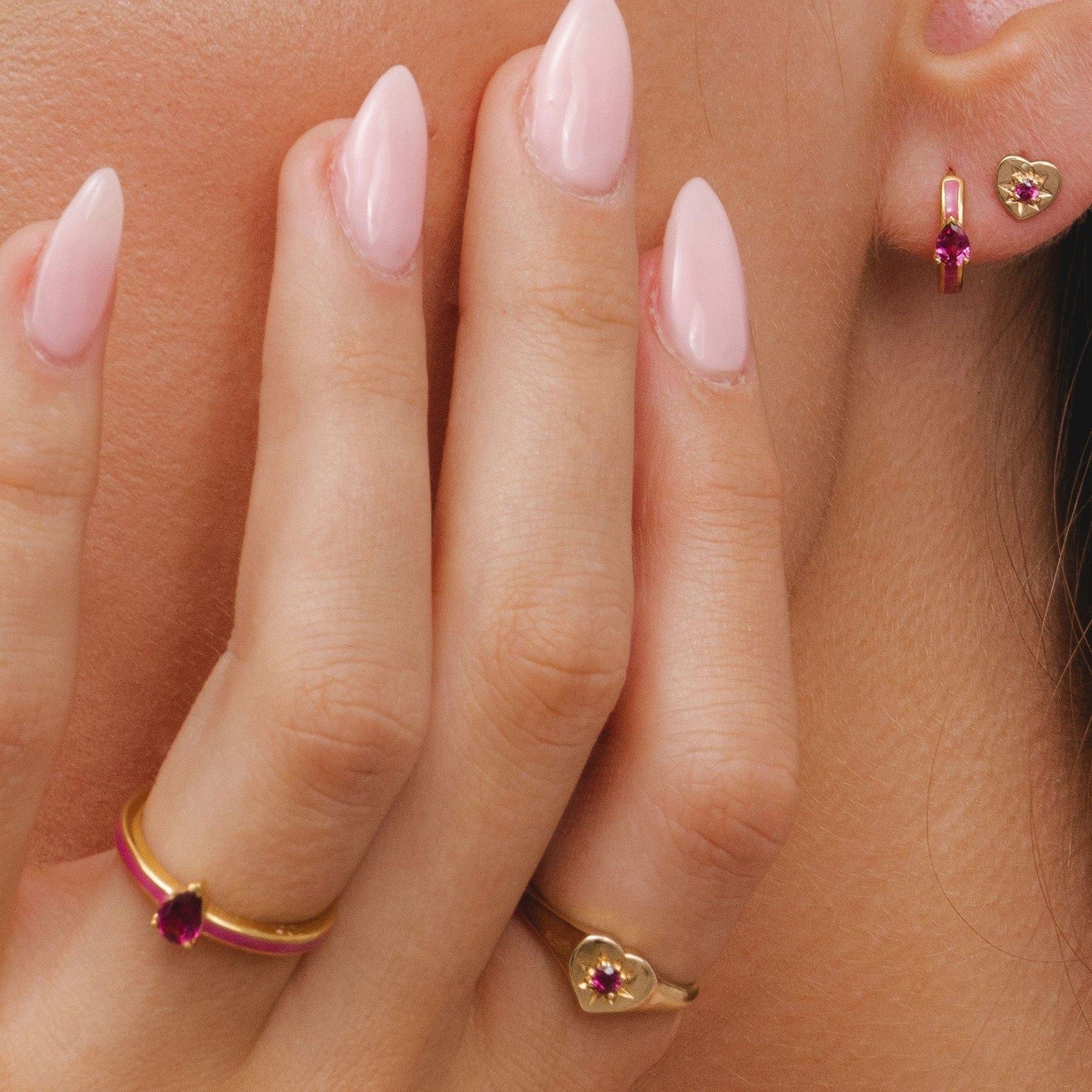 253E391601925 Siberian Waltz Pink Enamel & Rhodolite Hoop Earrings in Gold Plated Silver On Model