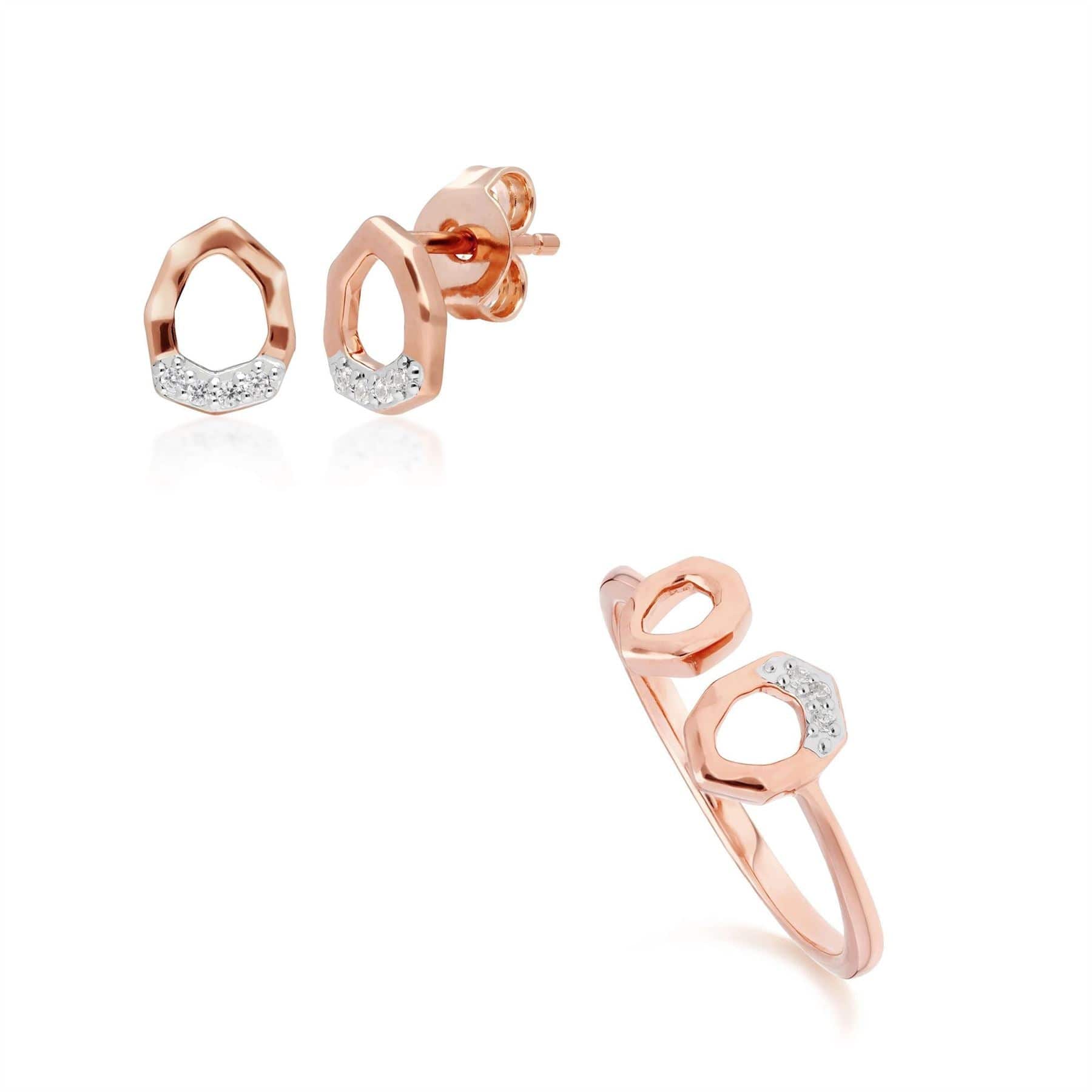 191E0401019-191R0905019 Diamond Pave Asymmetrical Stud Earring & Ring Set in 9ct Rose Gold 1