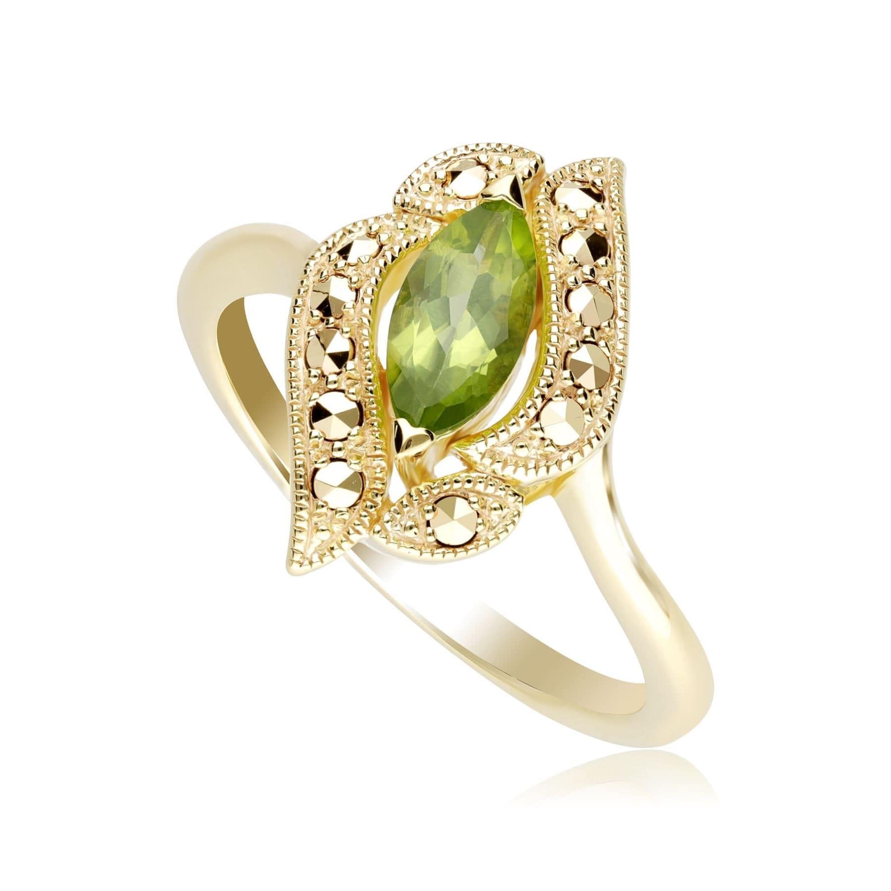 234R0437001925 Art Nouveau Inspired Peridot & Marcasite Ring In Yellow Gold Plated Silver 1