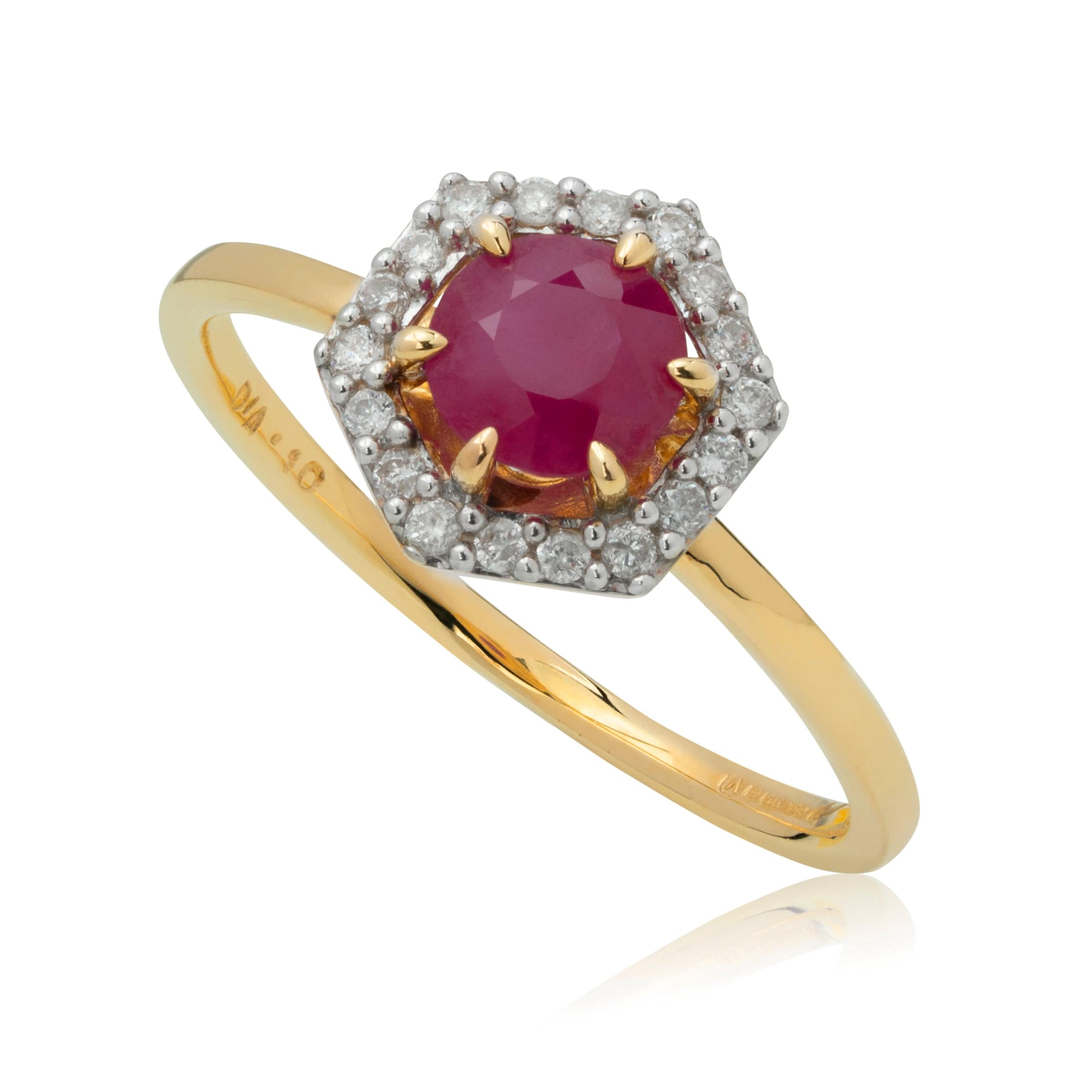 Ruby & diamond halo engagement ring in 18ct yellow gold