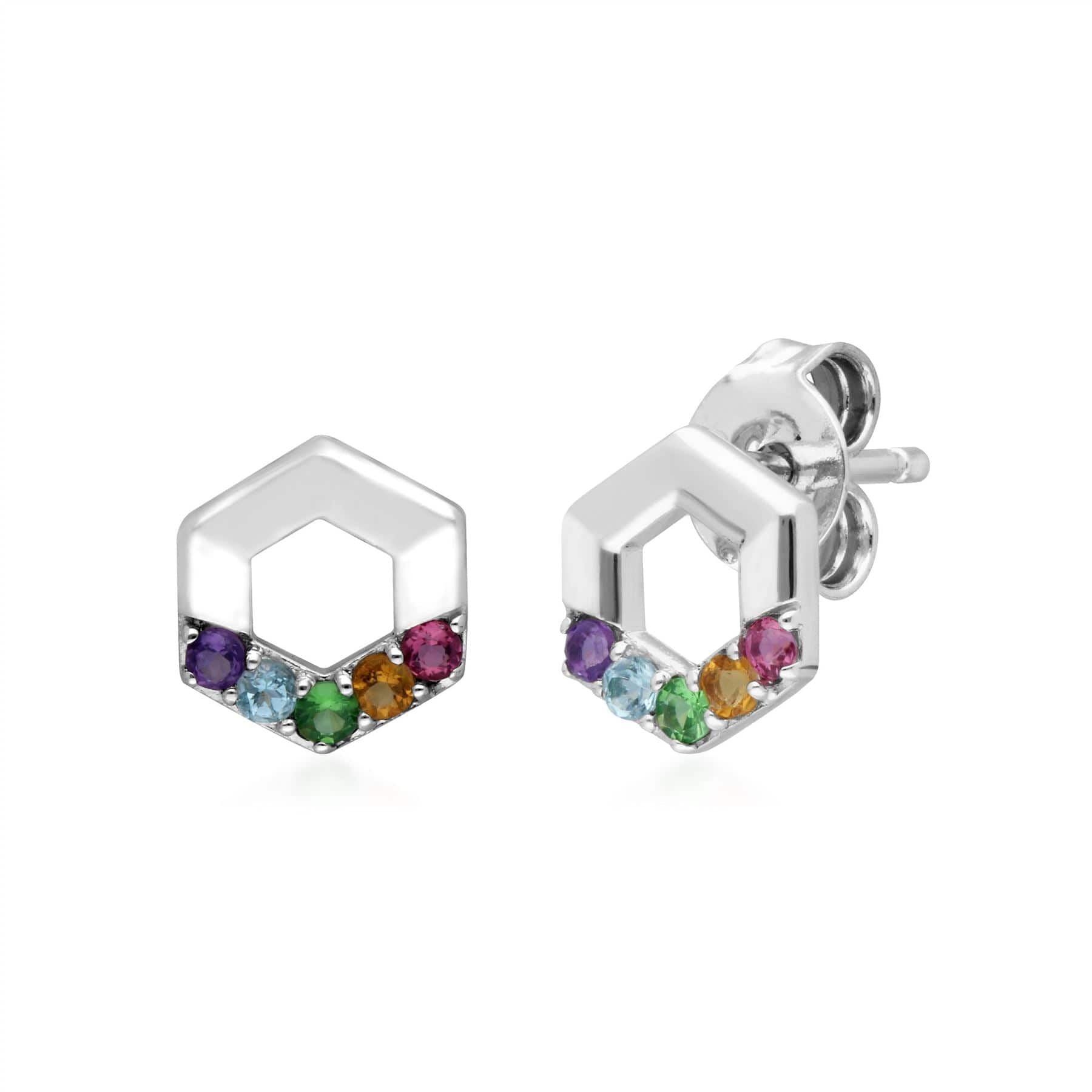 270E031801925 Rainbow Gems Hexagon Stud Earrings in Sterling Silver 1