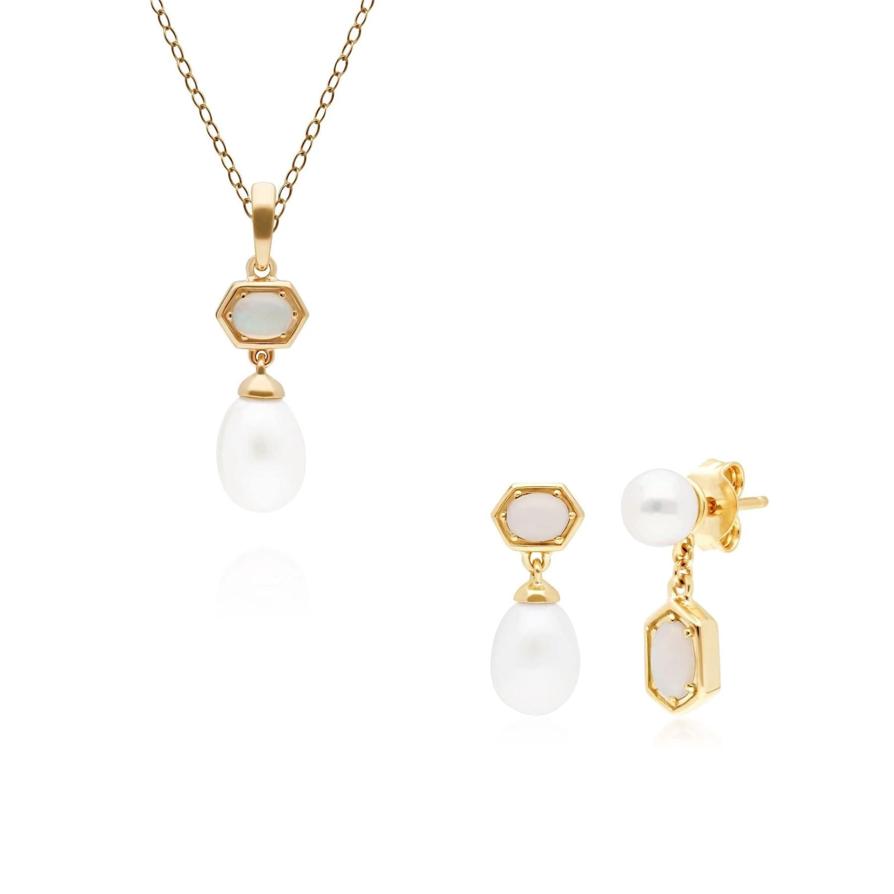 270P030601925-270E030601925 Modern Pearl & Opal Pendant & Earring Set in Gold Plated Silver 1