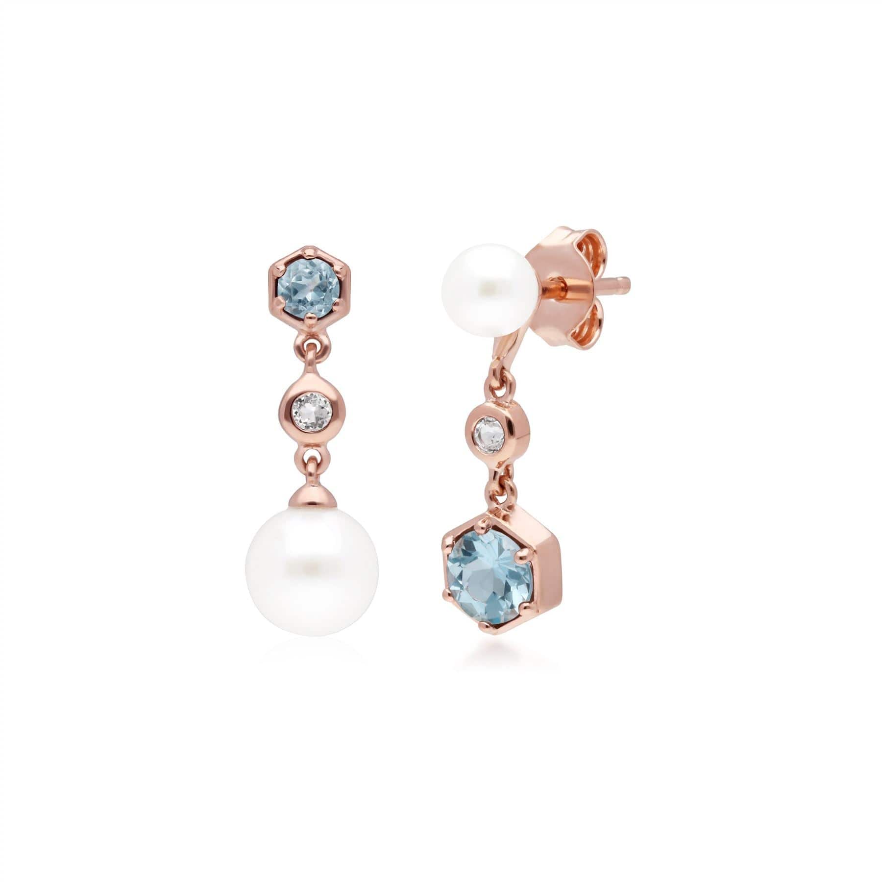 270E030310925 Modern Pearl, White & Blue Topaz Mismatched Drop Earrings in Rose Gold Plated Silver 1