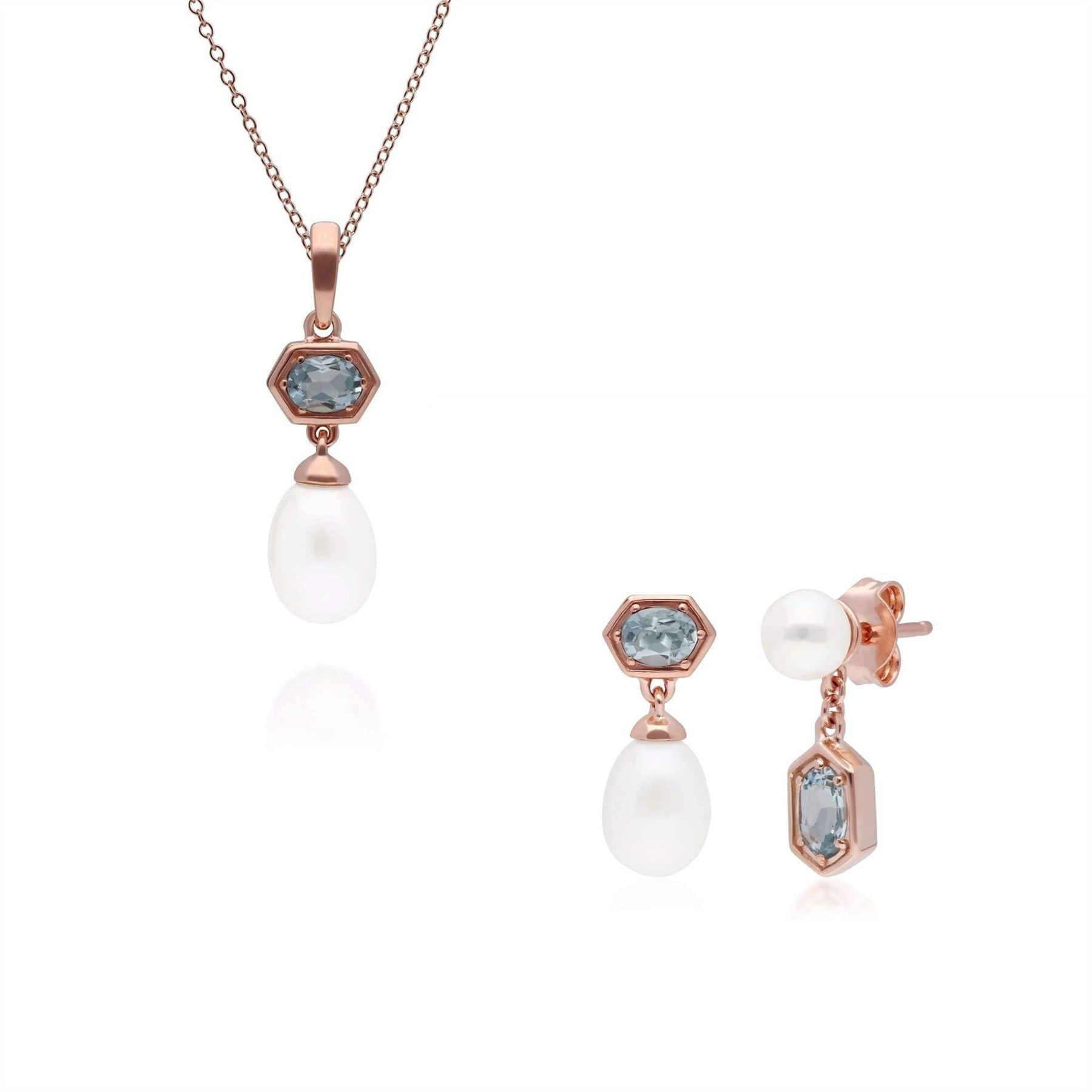 270P030404925-270E030404925 Modern Pearl & Aquamarine Pendant & Earring Set in Rose Gold Plated Silver 1