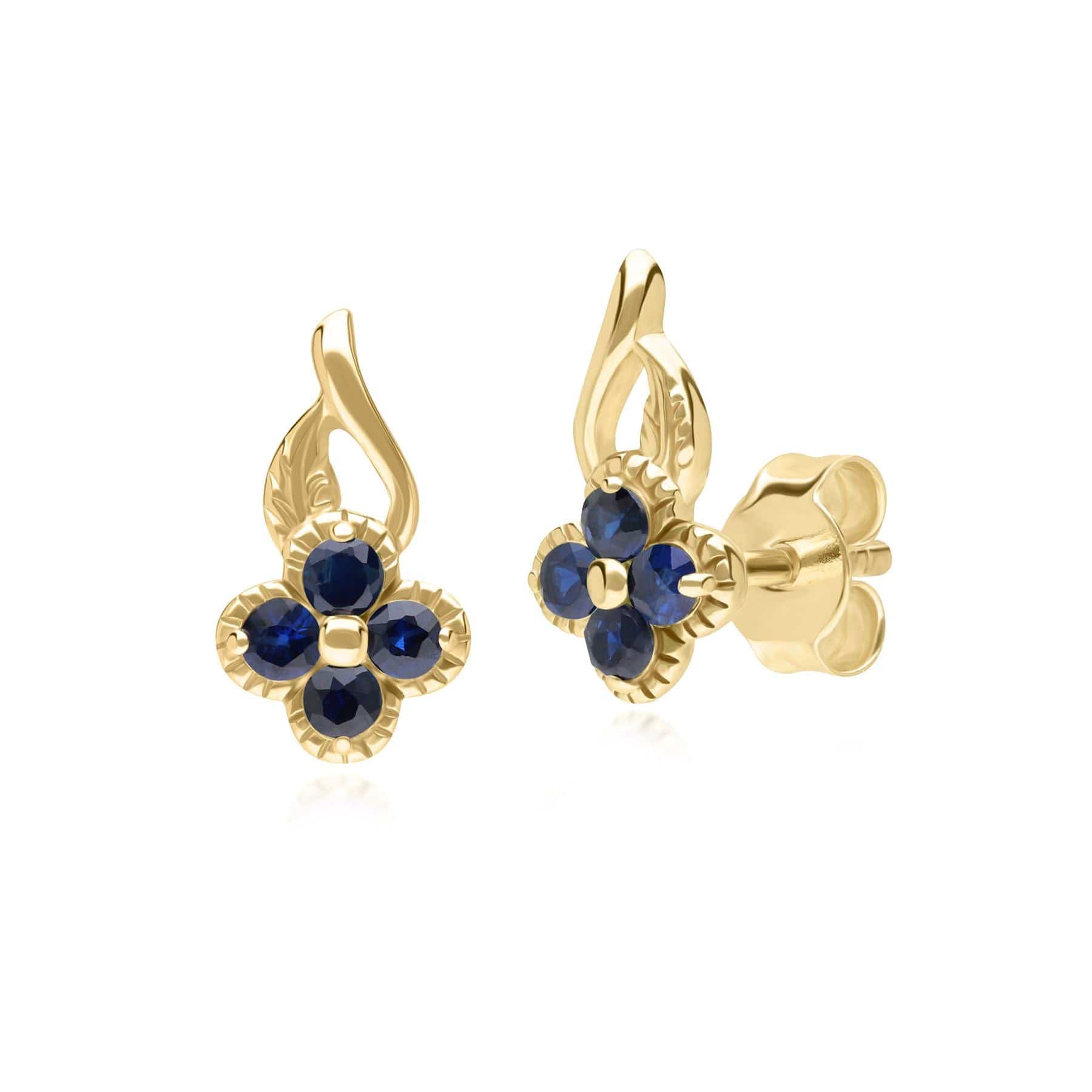 135E1812029 Floral Round Sapphire Stud Earrings in 9ct Yellow Gold 1