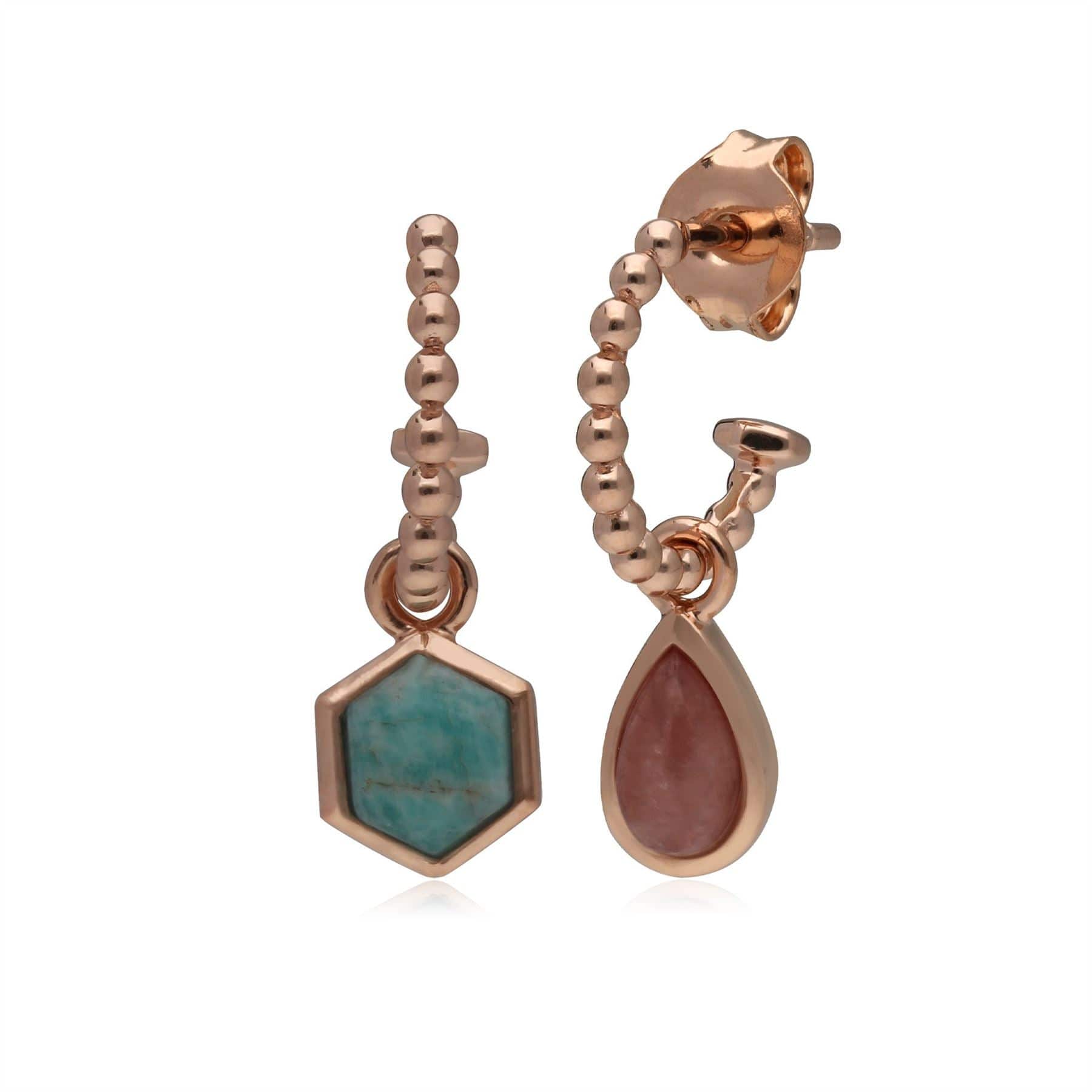 270E029601925 Micro Statement Rhodochrosite & Amazonite Mismatched Hoop Earrings in Rose Gold Silver 1