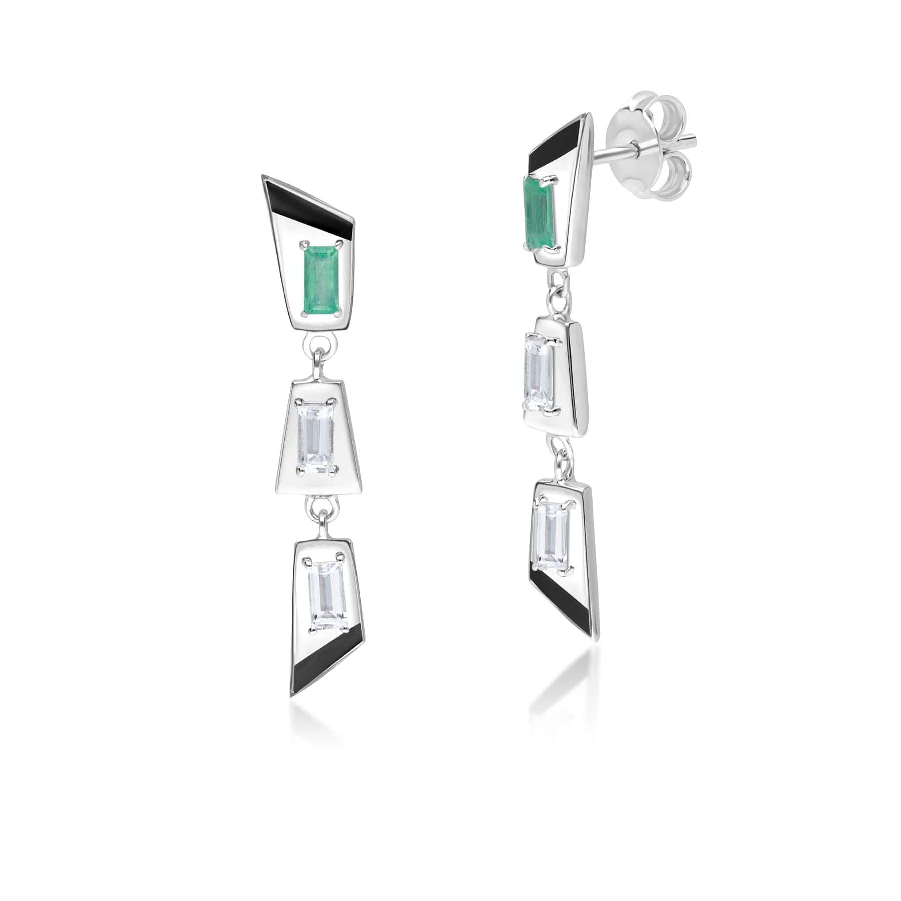 270E035401925 Grand Deco Emerald & White Topaz Retro Drop Earrings In Sterling Silver 1