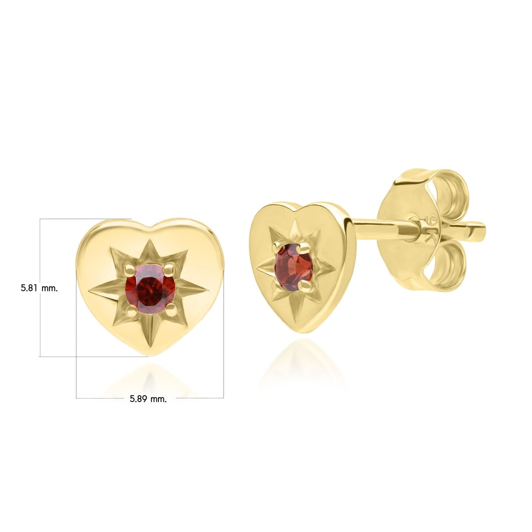 135E1820039 ECFEW™ 'The Liberator' Garnet Heart Stud Earrings in 9ct Yellow Gold Dimensions