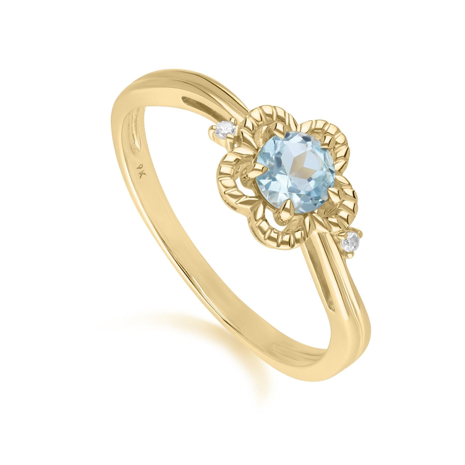 135R2049019 Floral Round Blue Topaz & Diamond Ring in 9ct Yellow Gold 1
