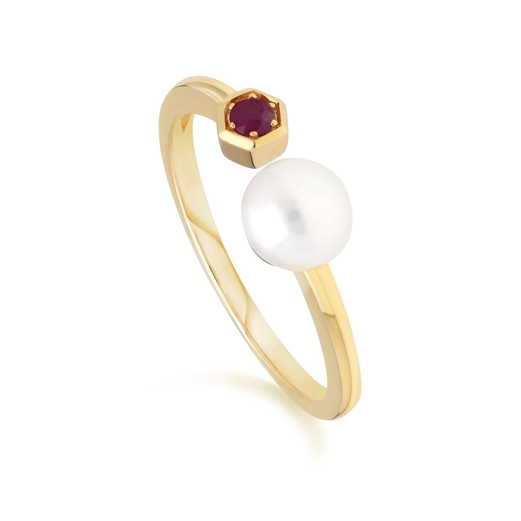 135R1840029 Modern Pearl & Ruby Open Ring in 9ct Gold 1