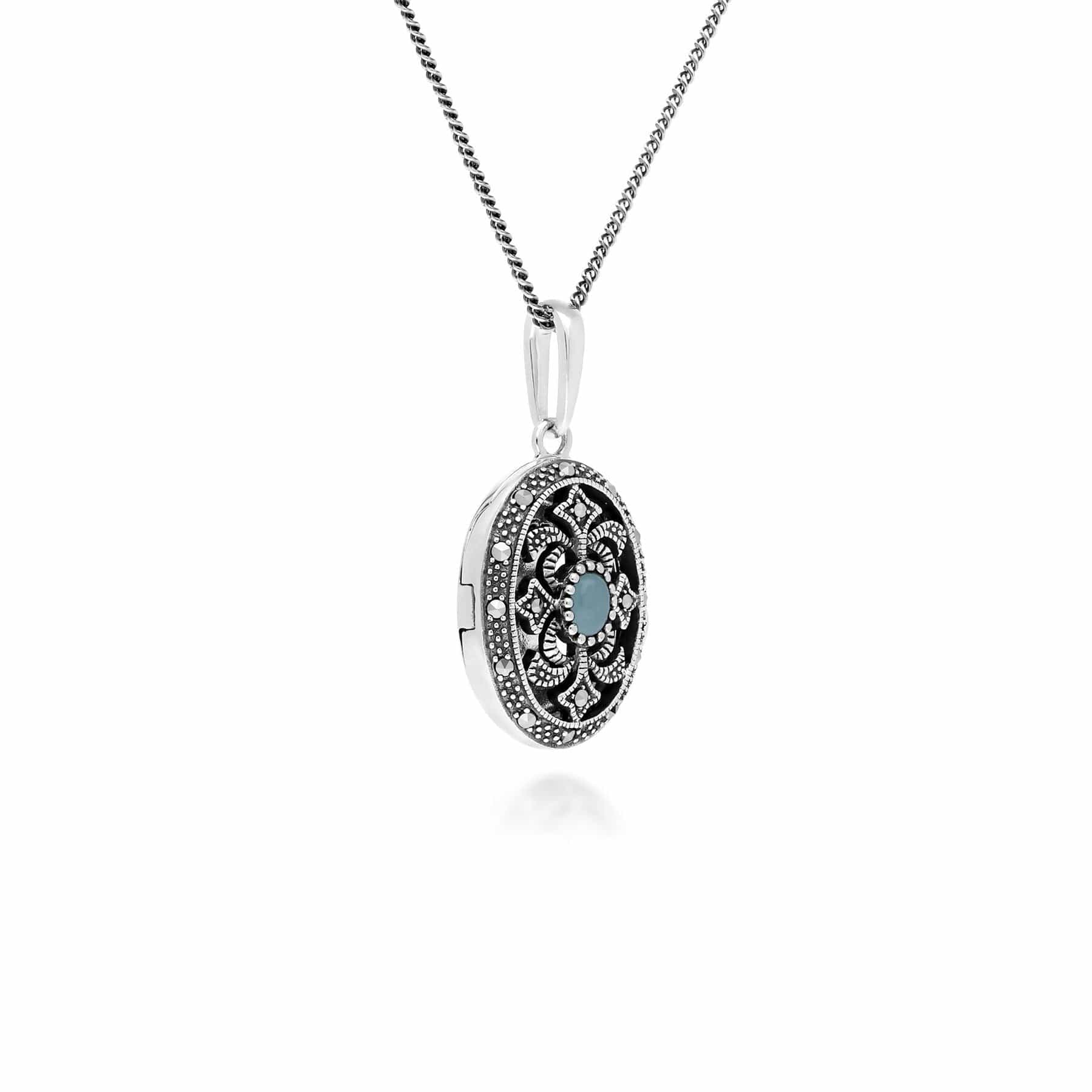 214N716210925 Art Nouveau Style Oval Dyed Green Jade & Marcasite Locket Necklace in 925 Sterling Silver 2