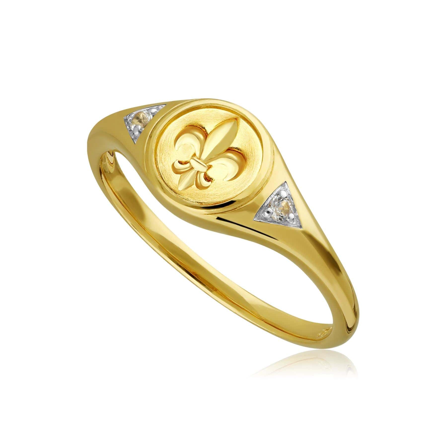 133R9473019 ECFEW™ White Topaz Fleur De Lis Signet Ring In 9ct Yellow Gold 1