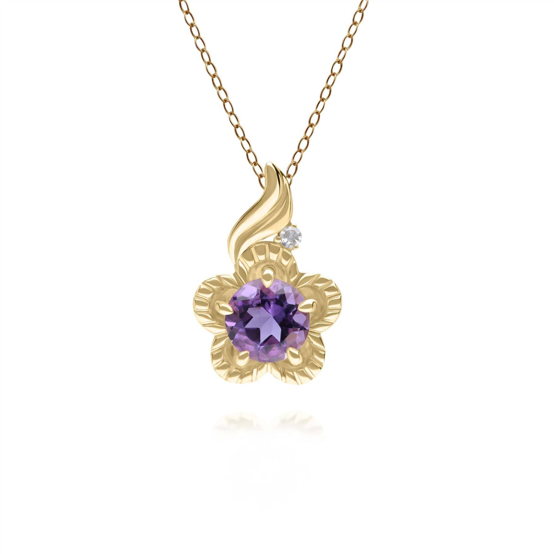 135P2097049 Floral Round Amethyst & Diamond Pendant in 9ct Yellow Gold 1