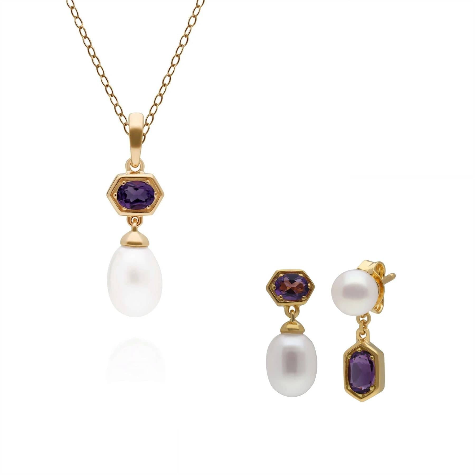 270P030210925-270E030210925 Modern Pearl & Amethyst Pendant & Earring Set in Gold Plated Silver 1