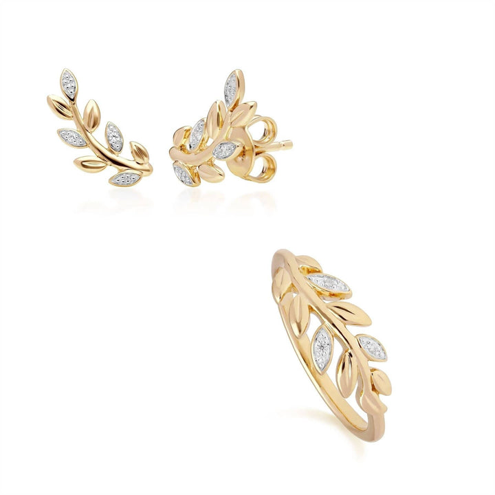 191E0403019-191R0911019 O Leaf Diamond Stud Earring & Ring Set in 9ct Yellow Gold 1
