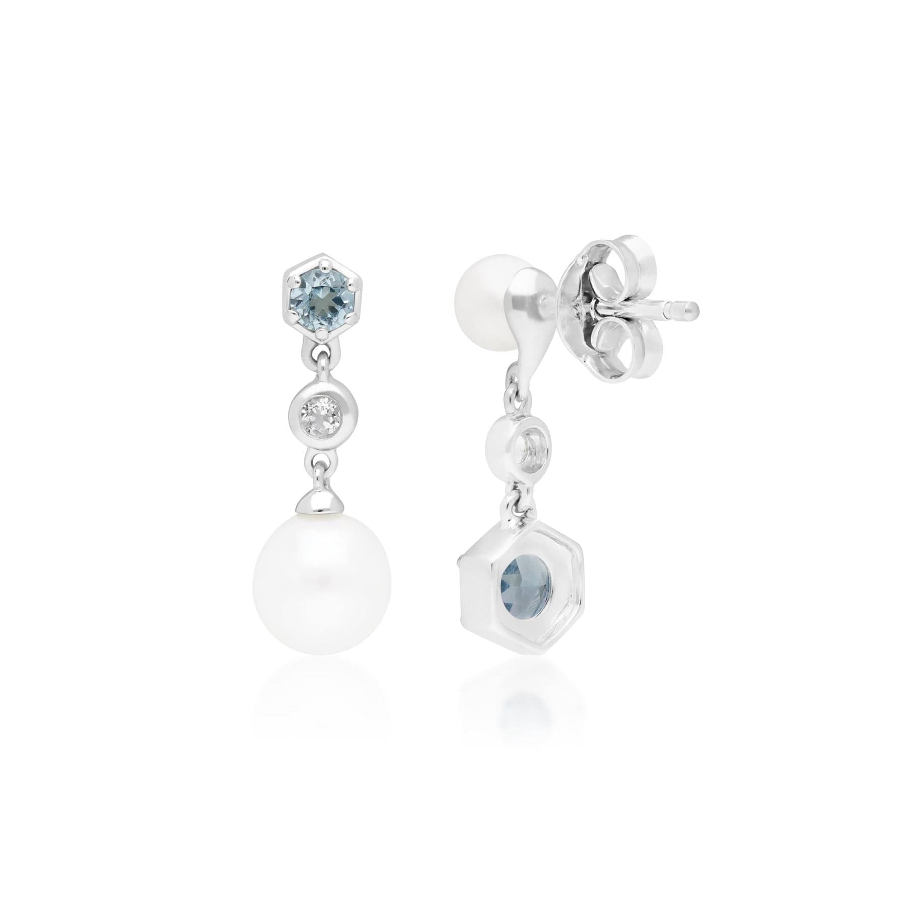 Modern Pearl & Topaz Drop Earrings in Silver - Gemondo