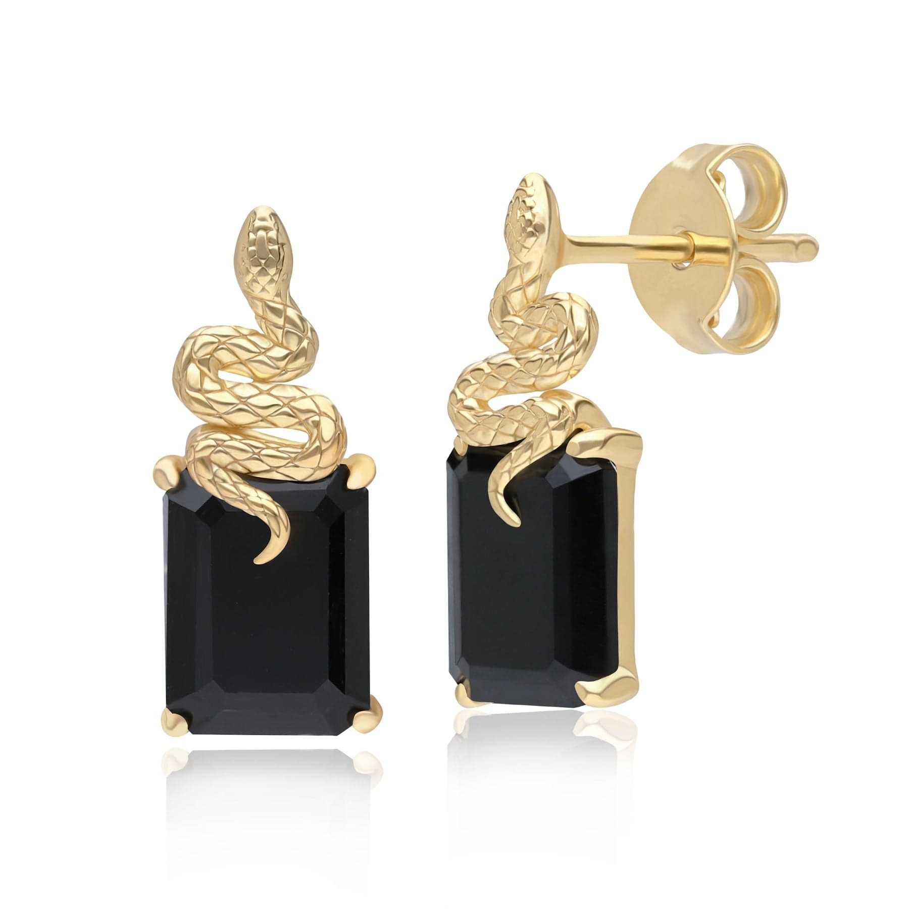 270E037103925 Grand Deco Black Onyx Snake Stud Earrings in Gold Plated Sterling Silver Front