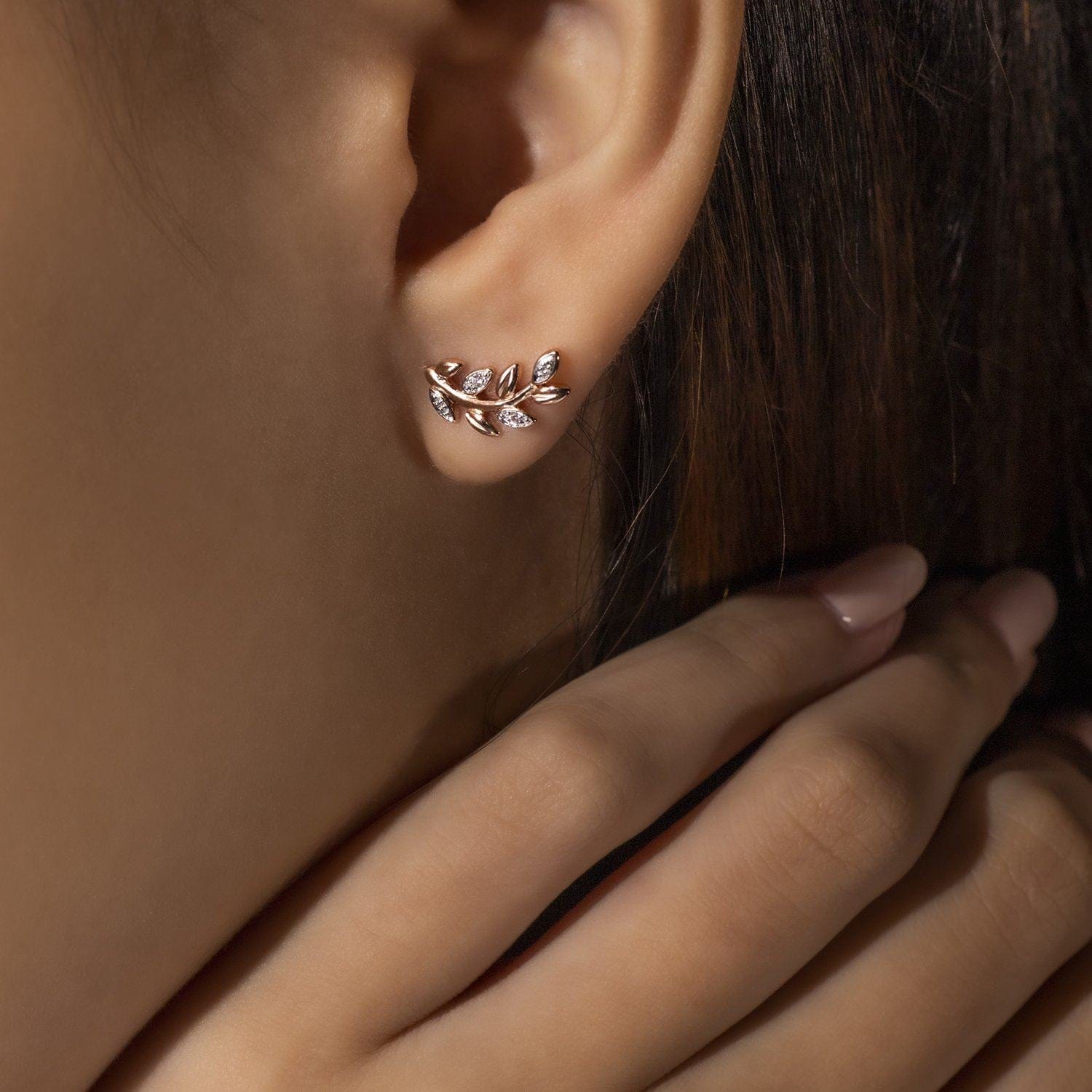 191E0390029 O Leaf Diamond Stud Earrings in 9ct Rose Gold 2