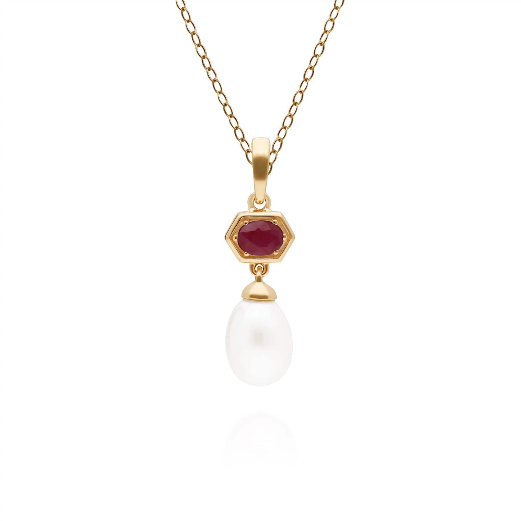 Modern Pearl & Ruby Hexagon Drop Pendant in Gold Plated Silver - Gemondo