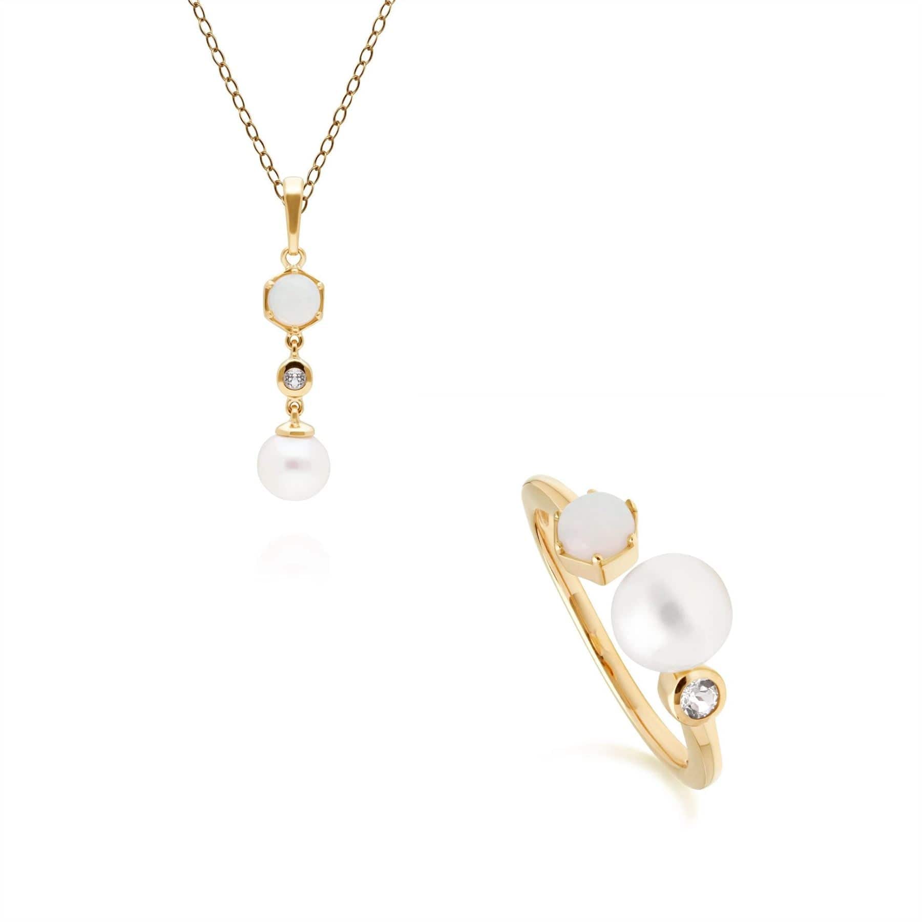 270P030501925-270R059101925 Modern Pearl, Topaz & Opal Pendant & Ring Set in Gold Plated Silver 1