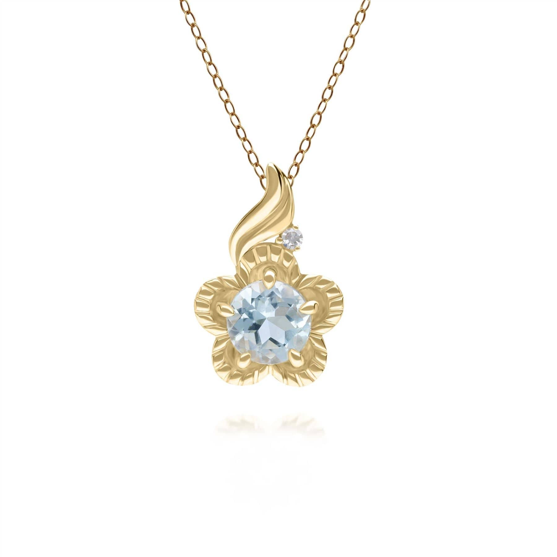 135P2097019 Floral Round Blue Topaz & Diamond Pendant in 9ct Yellow Gold 1