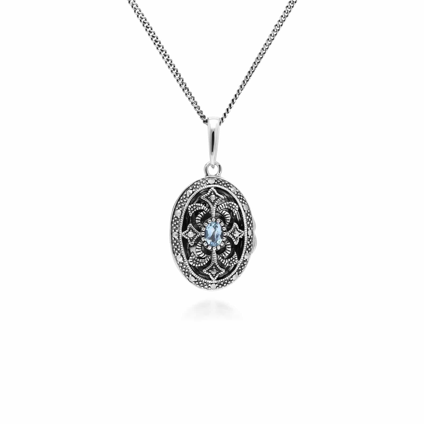 214N716206925 Art Nouveau Style Oval Aquamarine & Marcasite Locket Necklace in 925 Sterling Silver 1