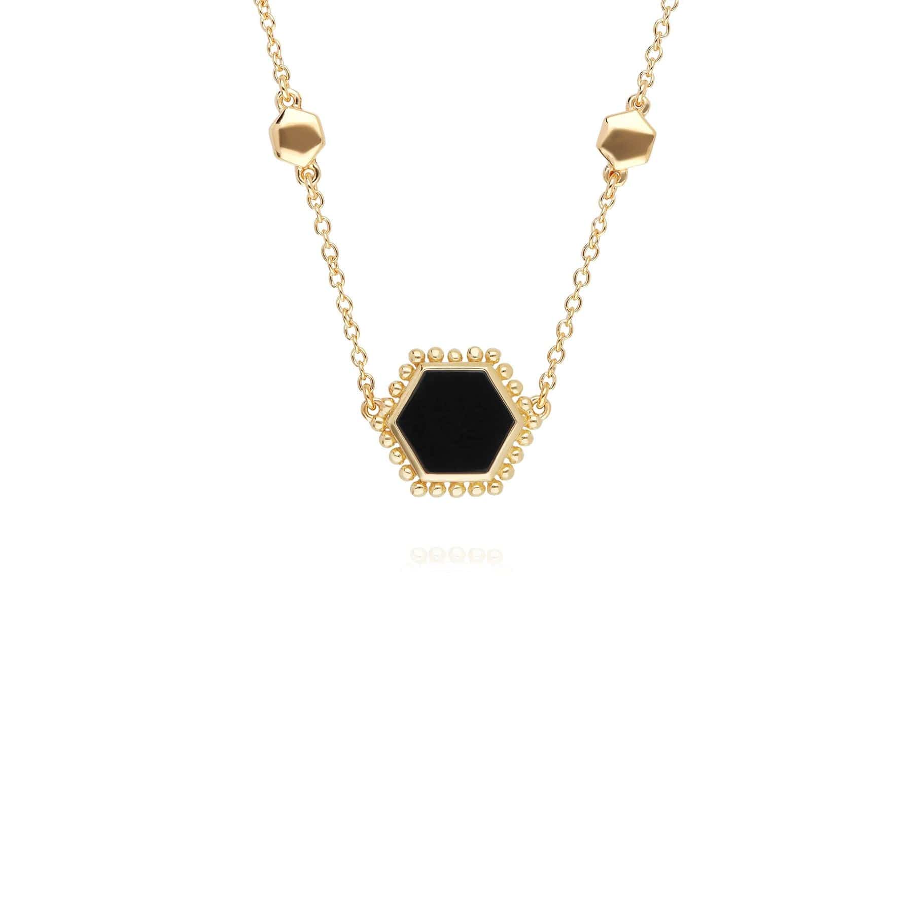 271N014303925 Black Onyx Flat Slice Hex Necklace in Gold Plated Sterling Silver 1