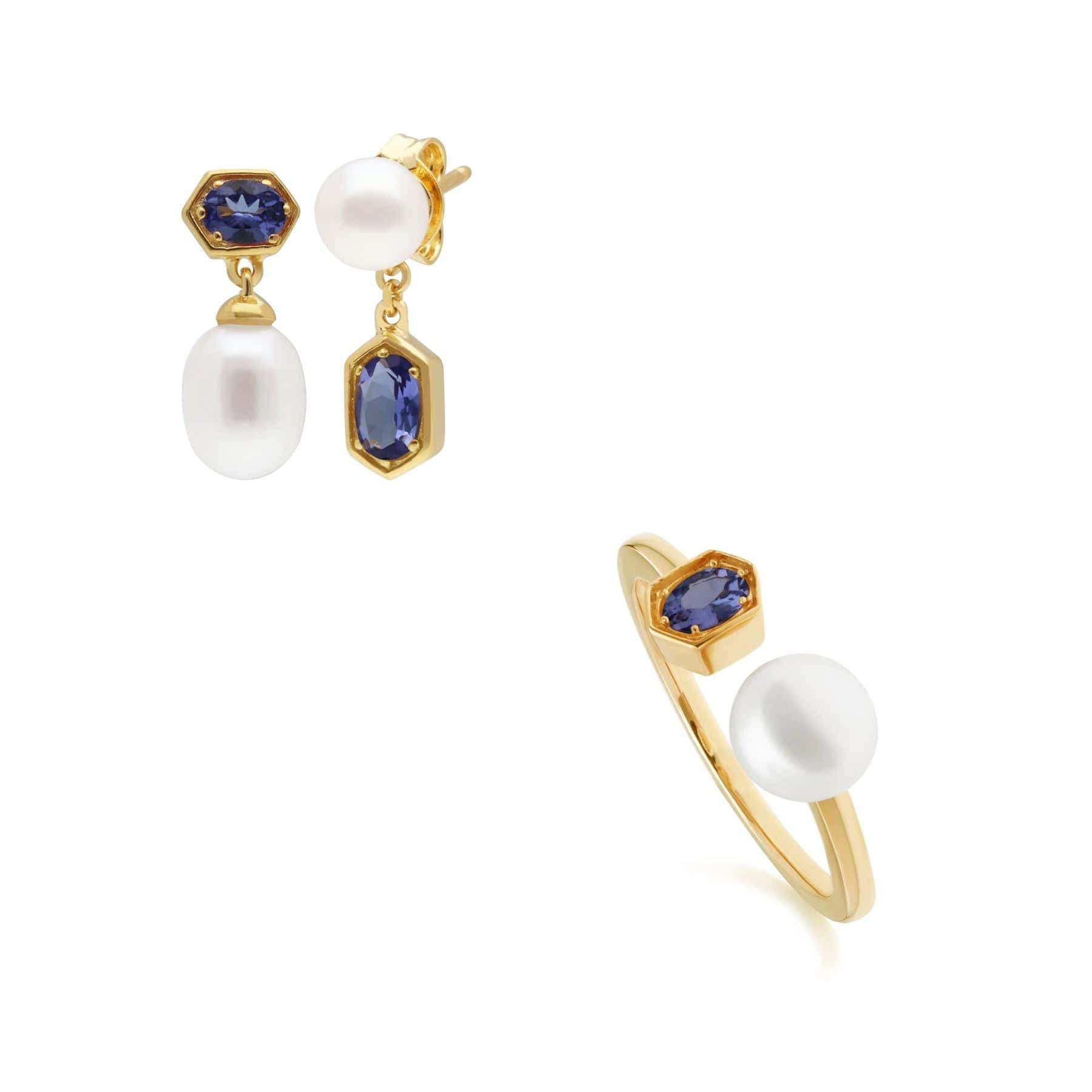 270E030208925-270R058709925 Modern Pearl & Tanzanite Earring & Ring Set in Gold Plated Silver 1
