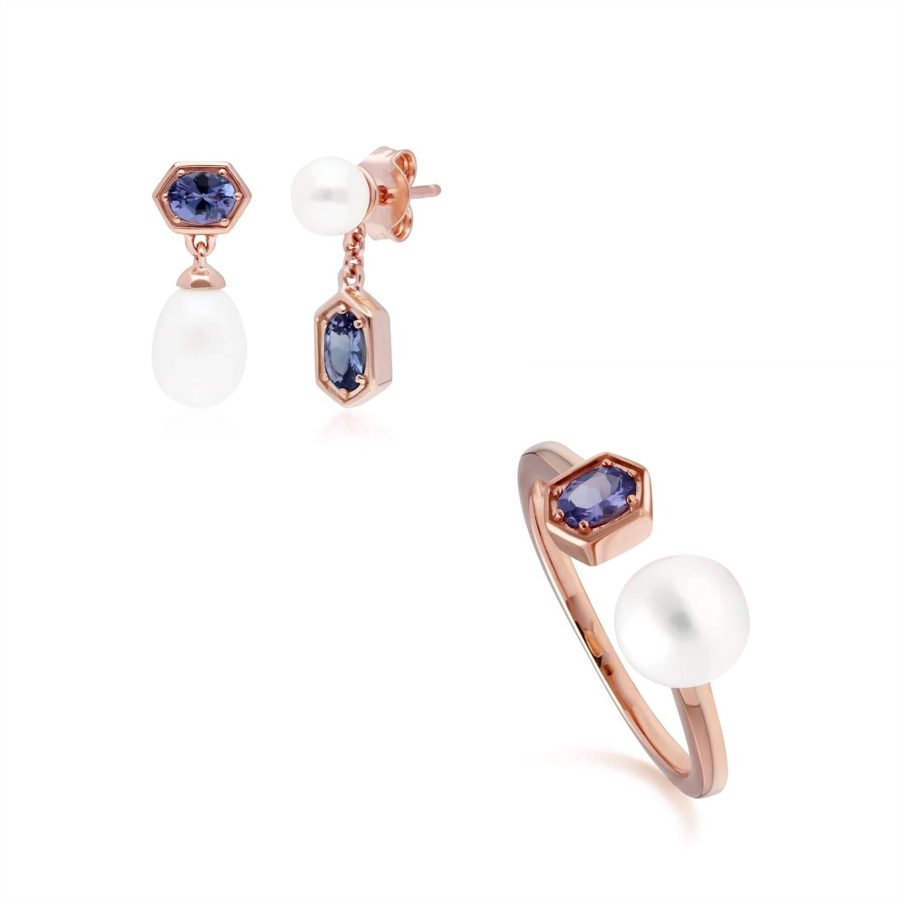 270E030408925-270R058909925 Modern Pearl & Tanzanite Earring & Ring Set in Rose Gold Plated Silver 1