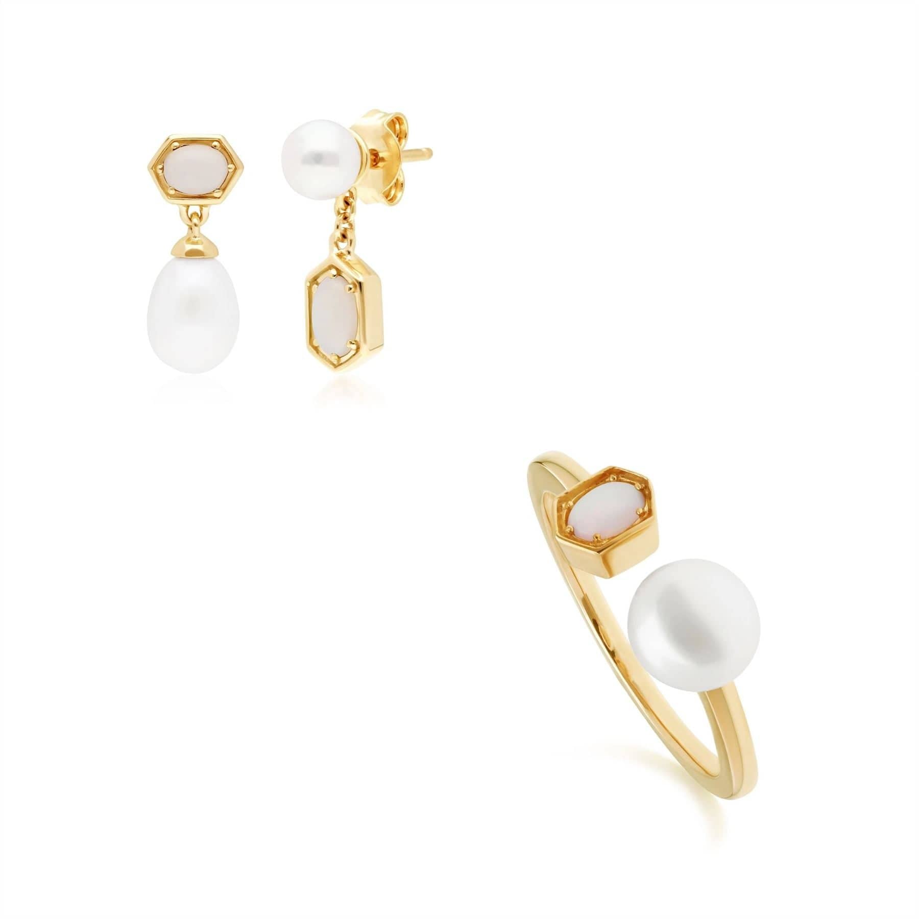 270E030601925-270R059001925 Modern Pearl & Opal Earring & Ring Set in Gold Plated Silver 1
