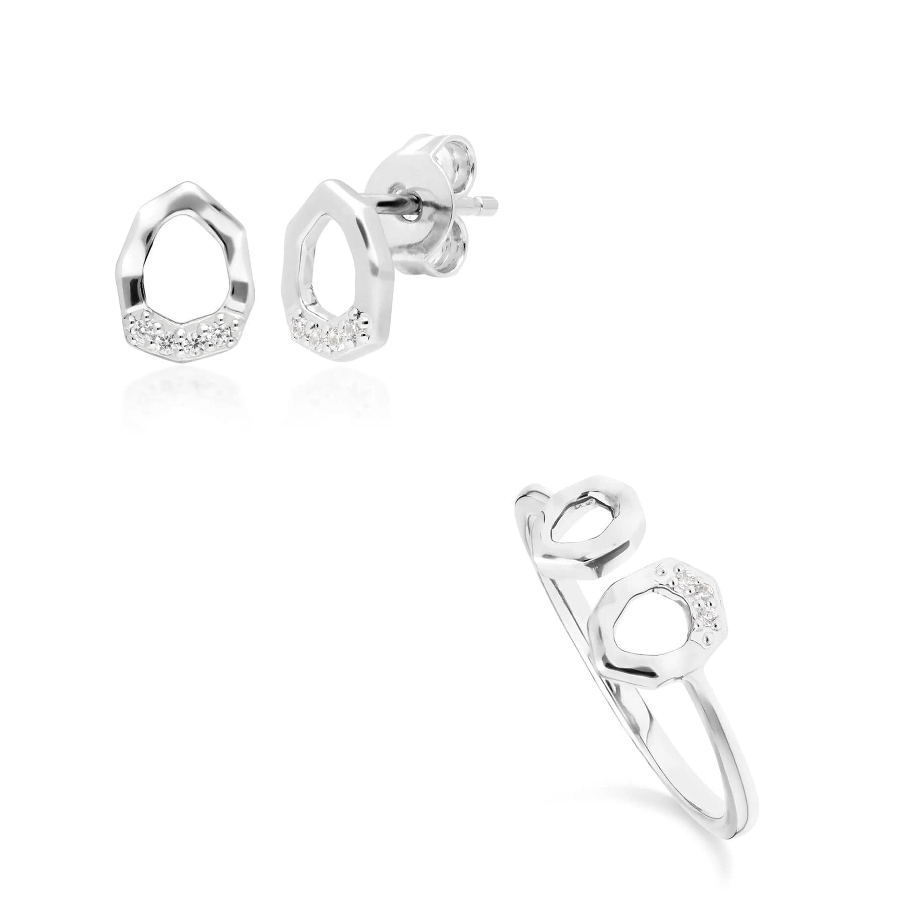 162E0269019-162R0391019 Diamond Pave Asymmetrical Stud Earring & Ring Set in 9ct White Gold 1