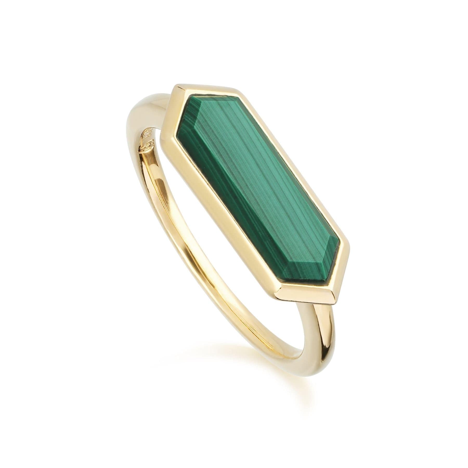 271R018604925 Geometric Hexagon Malachite Prism Ring in Gold Plated Silver 1