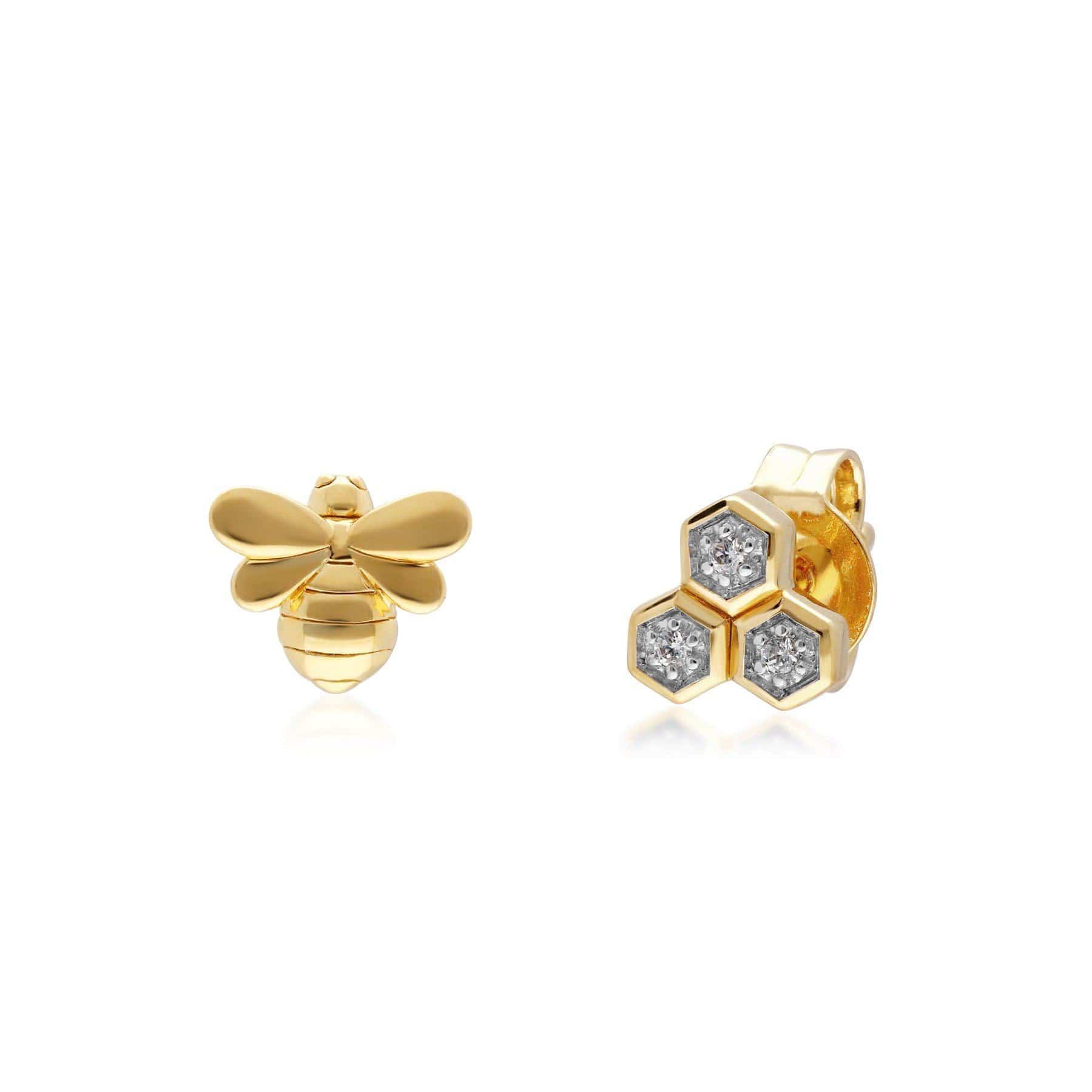 191E0409019 Honeycomb Inspired Mismatched Diamond Bee Earrings in 9ct Yellow Gold 1