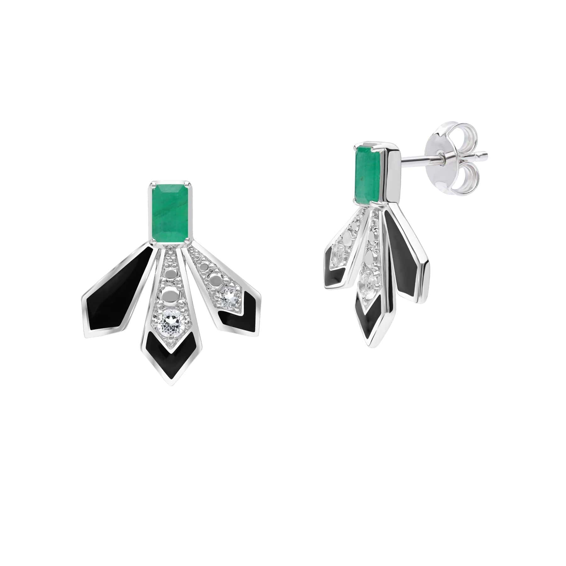 270E035201925 Grand Deco Emerald & White Topaz Fan Earrings In Sterling Silver 1